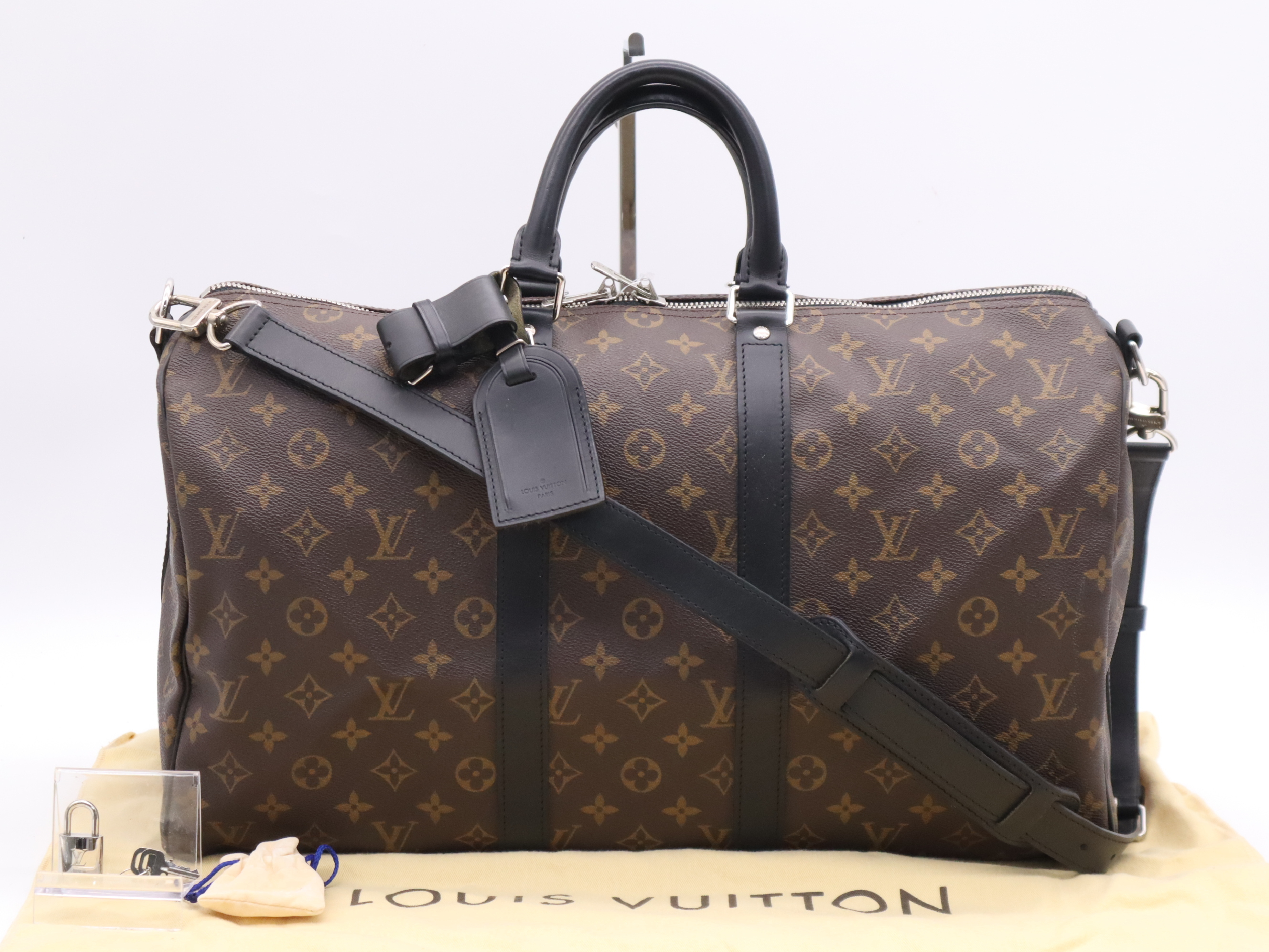 M56711 Monogram Macassar Keepall Bandoulière 45 Boston Bag with Shoulder Strap, Name Tag, Handle Strap, and Dust Bag