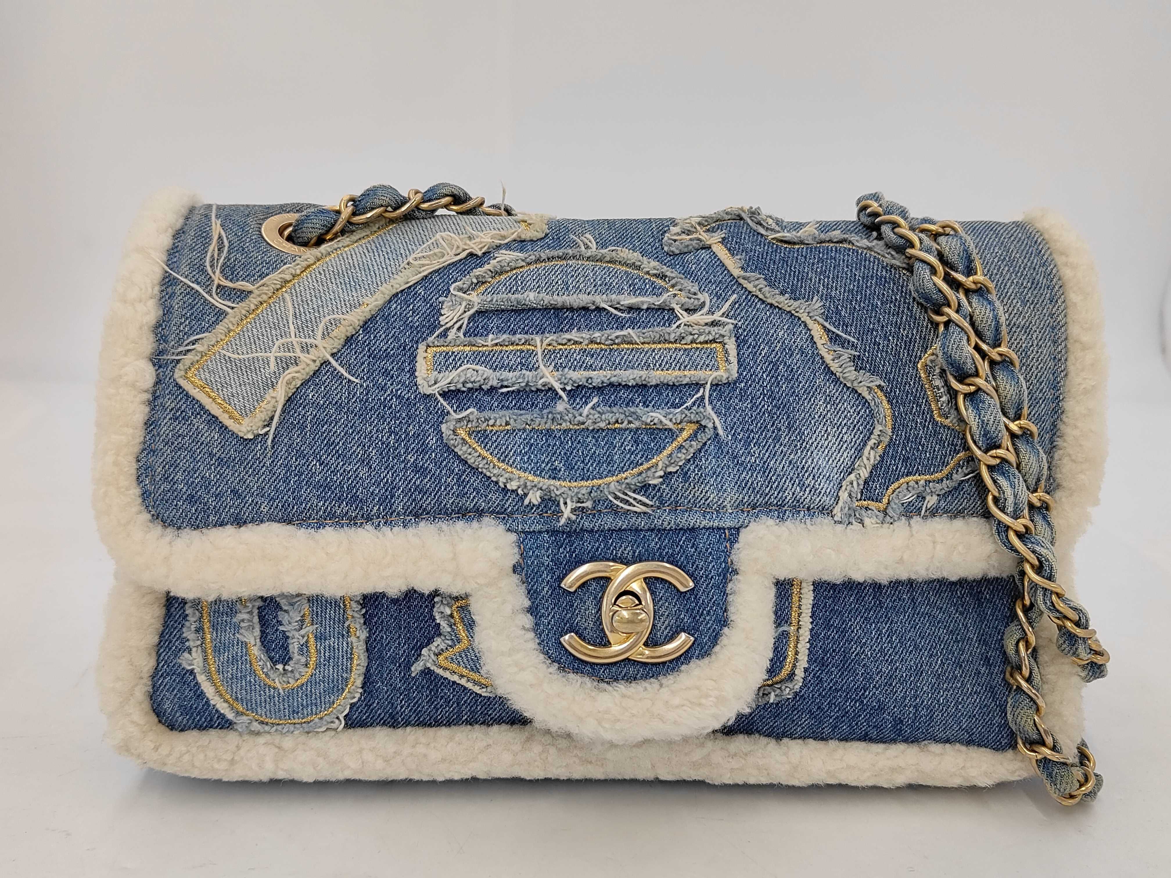Egypt Line Chain Shoulder Denim Shearling Shoulder Bag