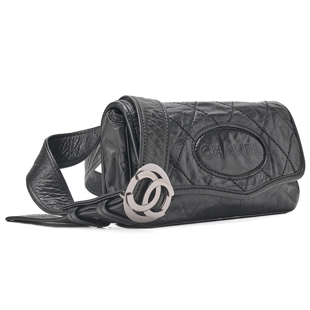 Vintage calfskin matelassé waist bag with logo, black. — view 3