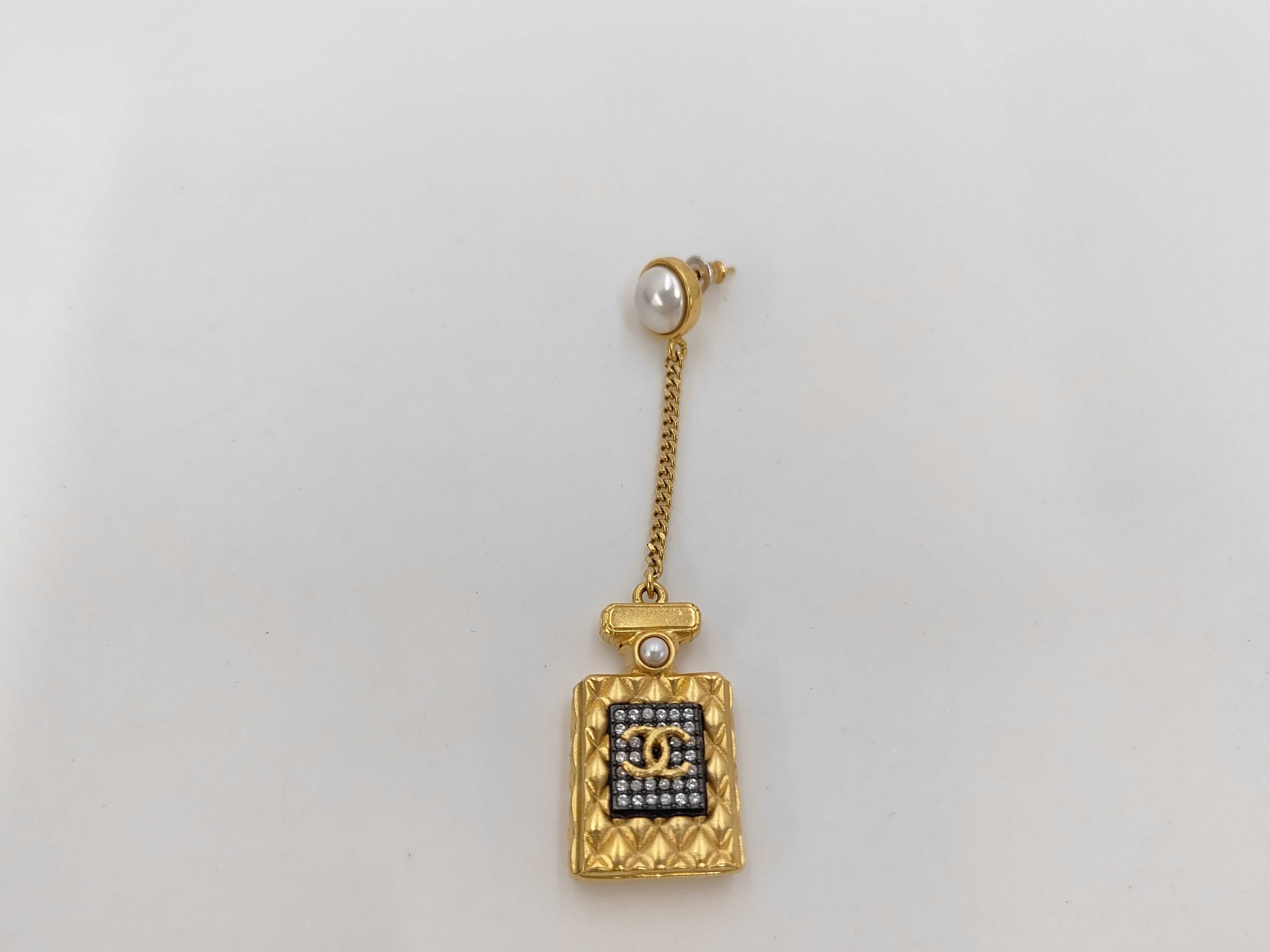 Gold Plated Faux Pearl Coco Mark Perfume Bottle Motif Rhinestone Earrings