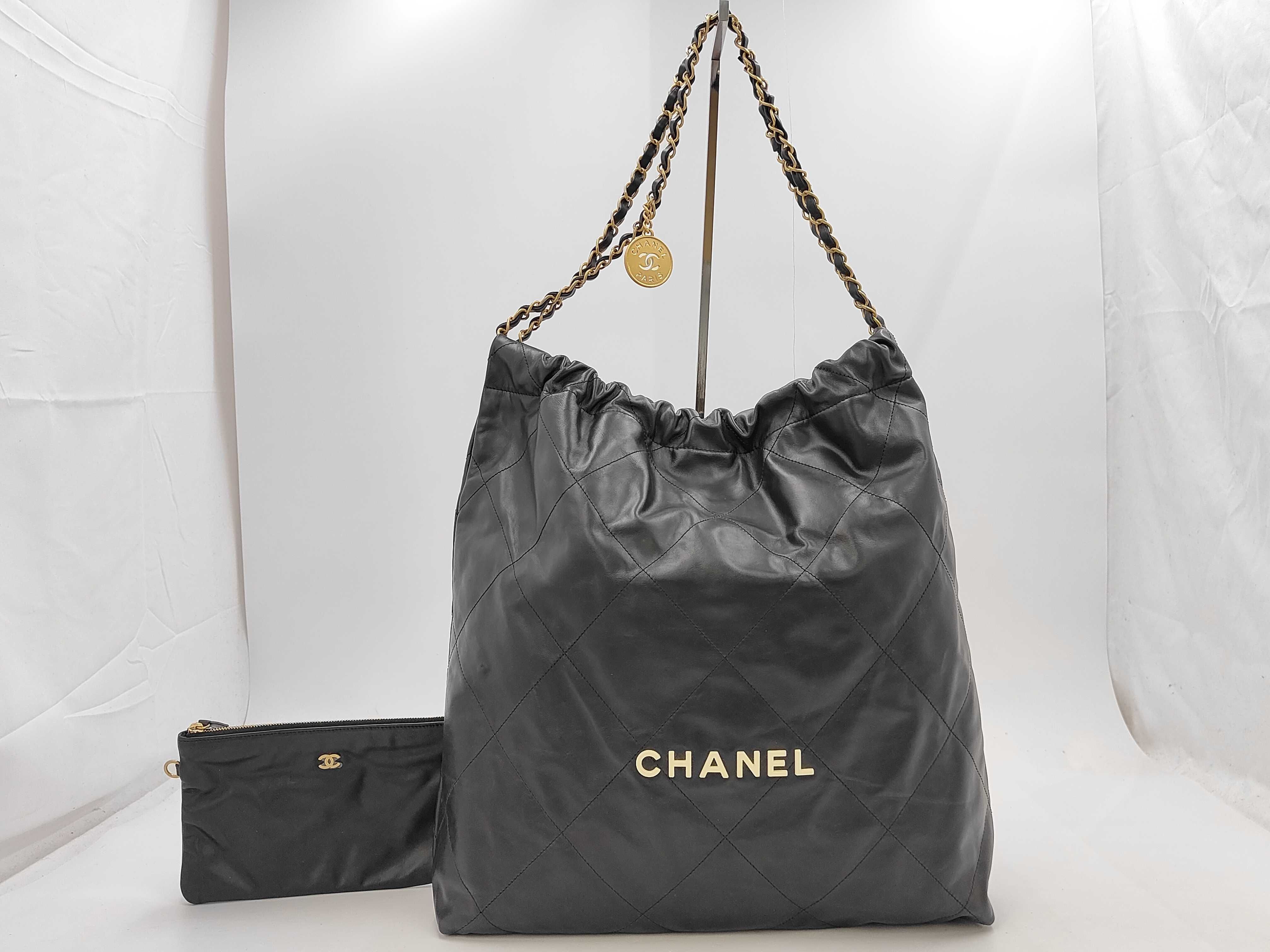 22 Shiny Calfskin Chain Shoulder Bag with Gold Hardware and Pouch, Serial Number Plate, Black Bag