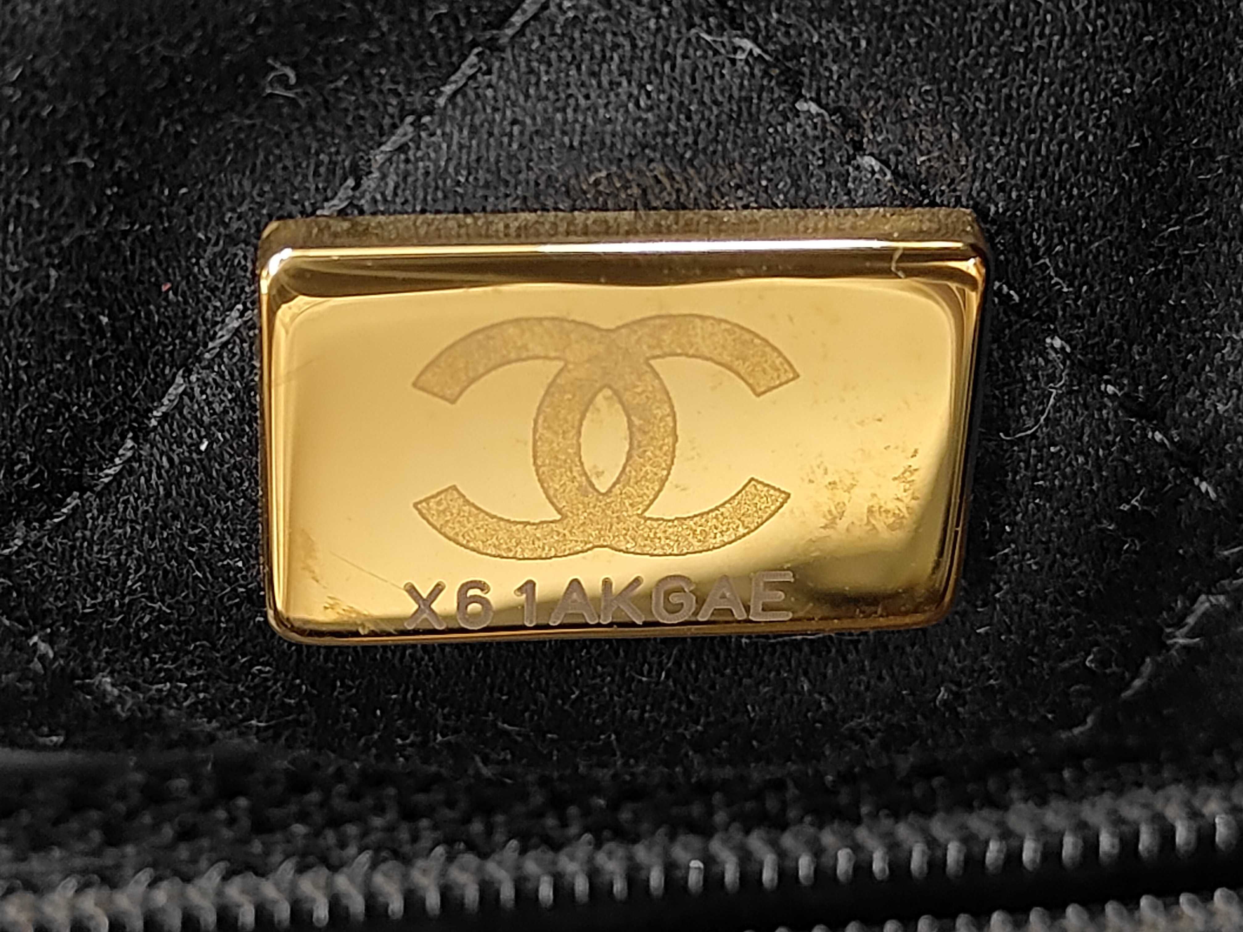 22 Shiny Calfskin Chain Shoulder Bag with Gold Hardware and Pouch, Serial Number Plate, Black Bag — view 11