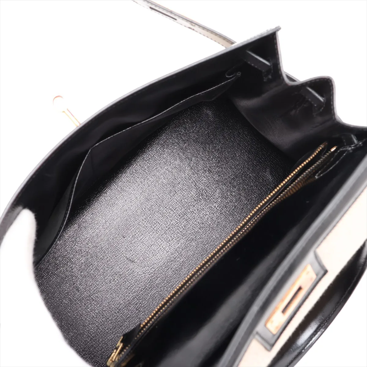 [Individually packaged] Hermes Kelly 28 Sellier Toile H x Box Calf Ecru x Black Gold Hardware J: 1980 — view 7