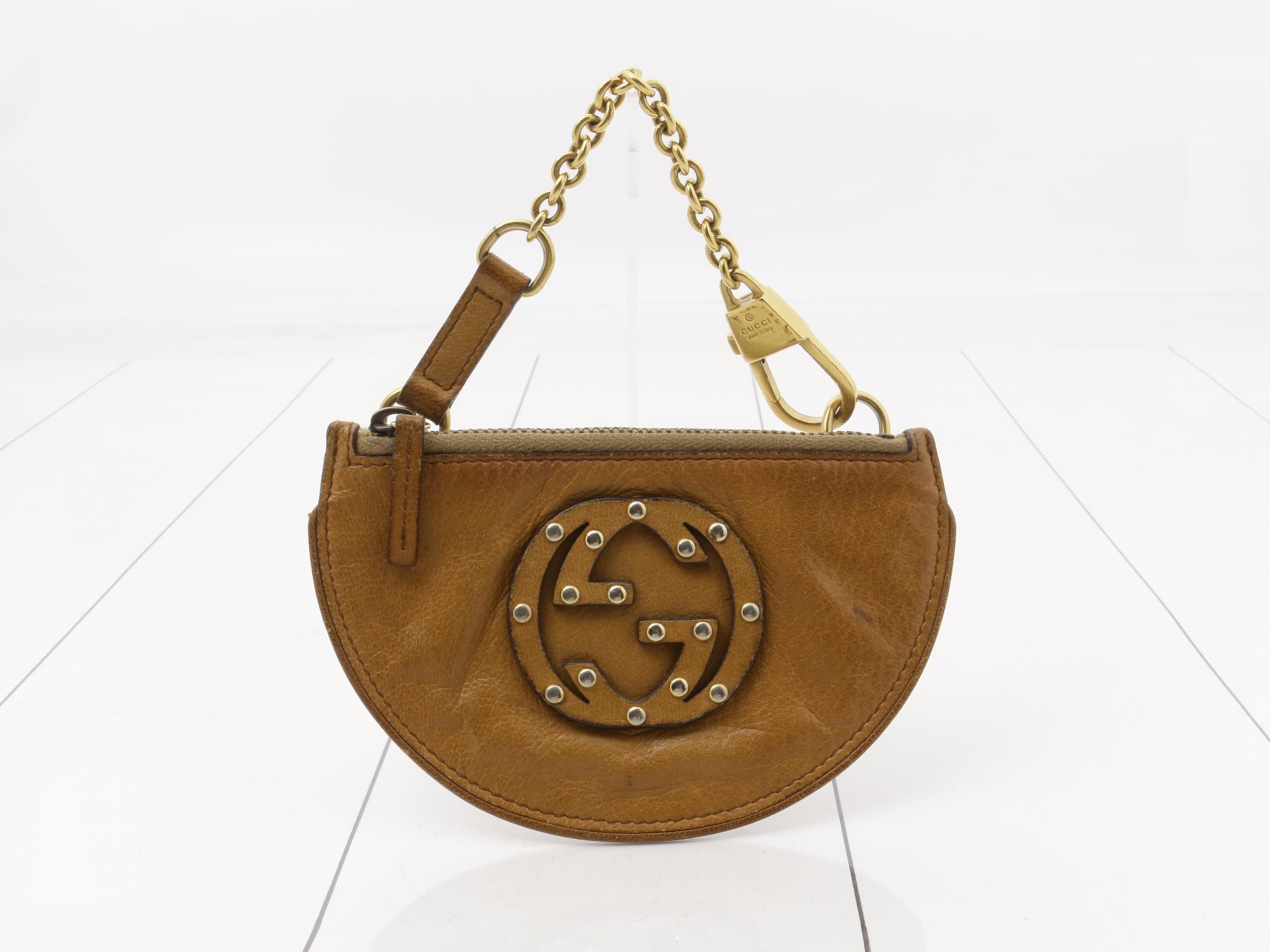Interlocking (Bag) Coin Case, Studded Leather, Brown
