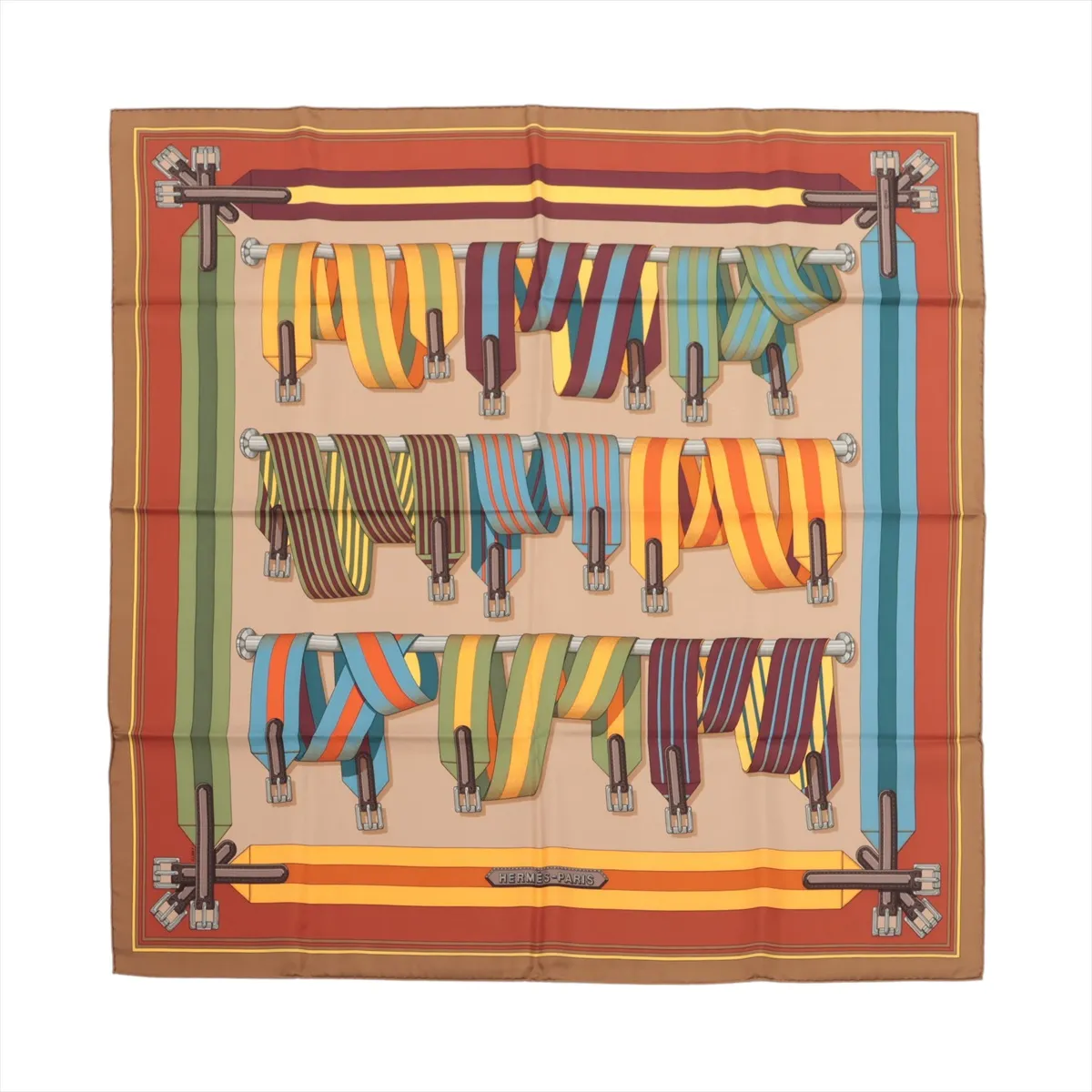 Carre 90 J.METZ Les Sangles suspender belt scarf, silk, brown. Shows signs of wear,