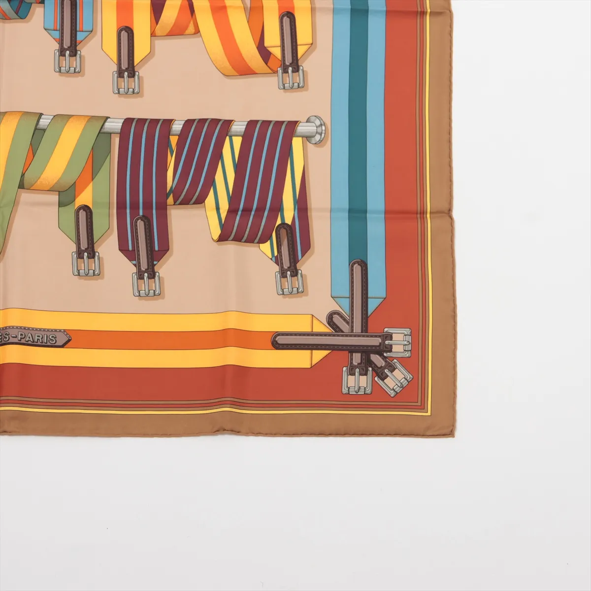 Carre 90 J.METZ Les Sangles suspender belt scarf, silk, brown. Shows signs of wear, — view 4