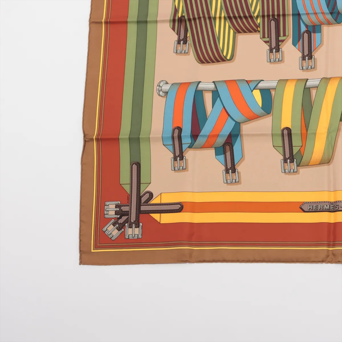 Carre 90 J.METZ Les Sangles suspender belt scarf, silk, brown. Shows signs of wear, — view 5
