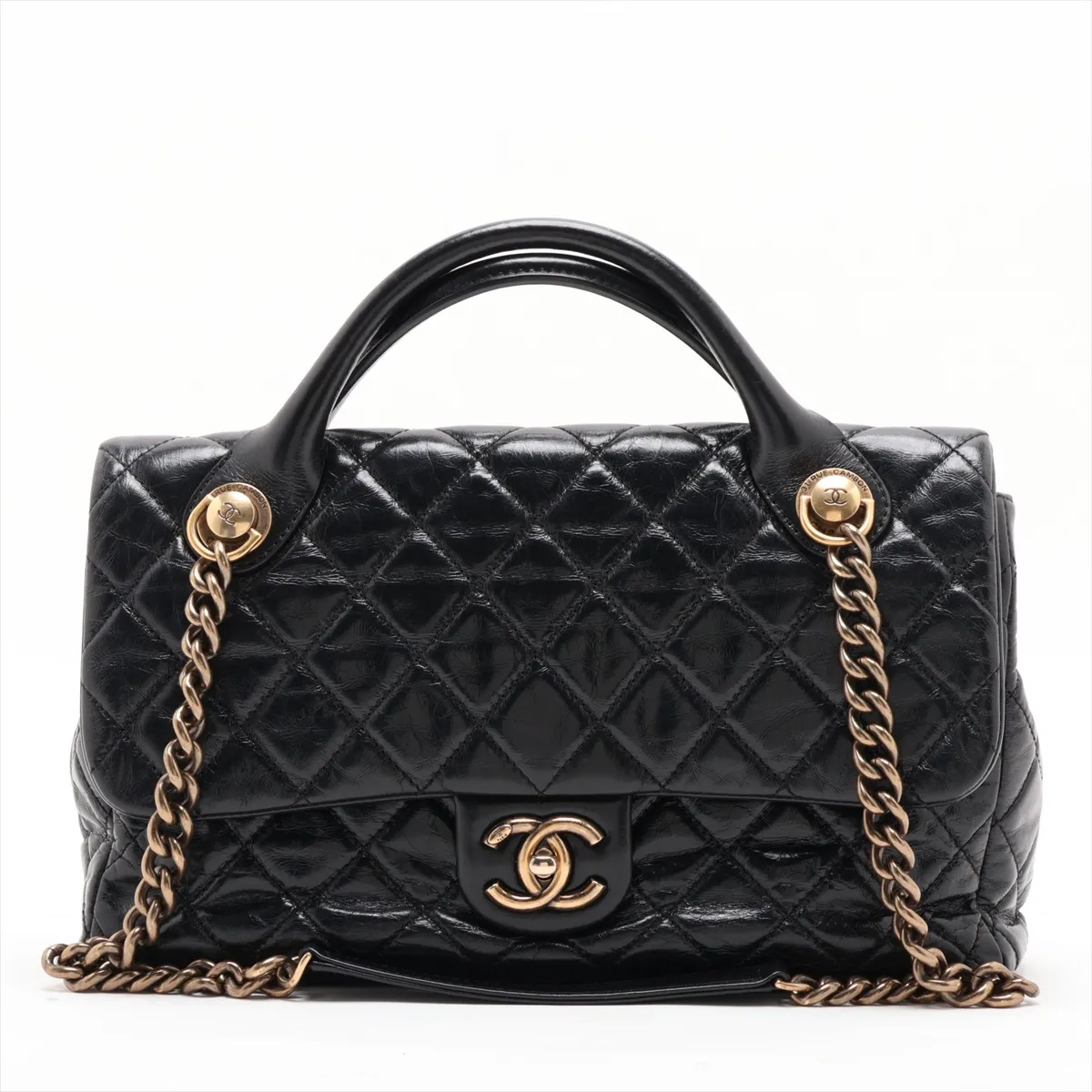 Matelassé Vintage Calfskin 2-Way Handbag, Black with Gold Hardware, Item Number 18246639 (Serial Number 18)