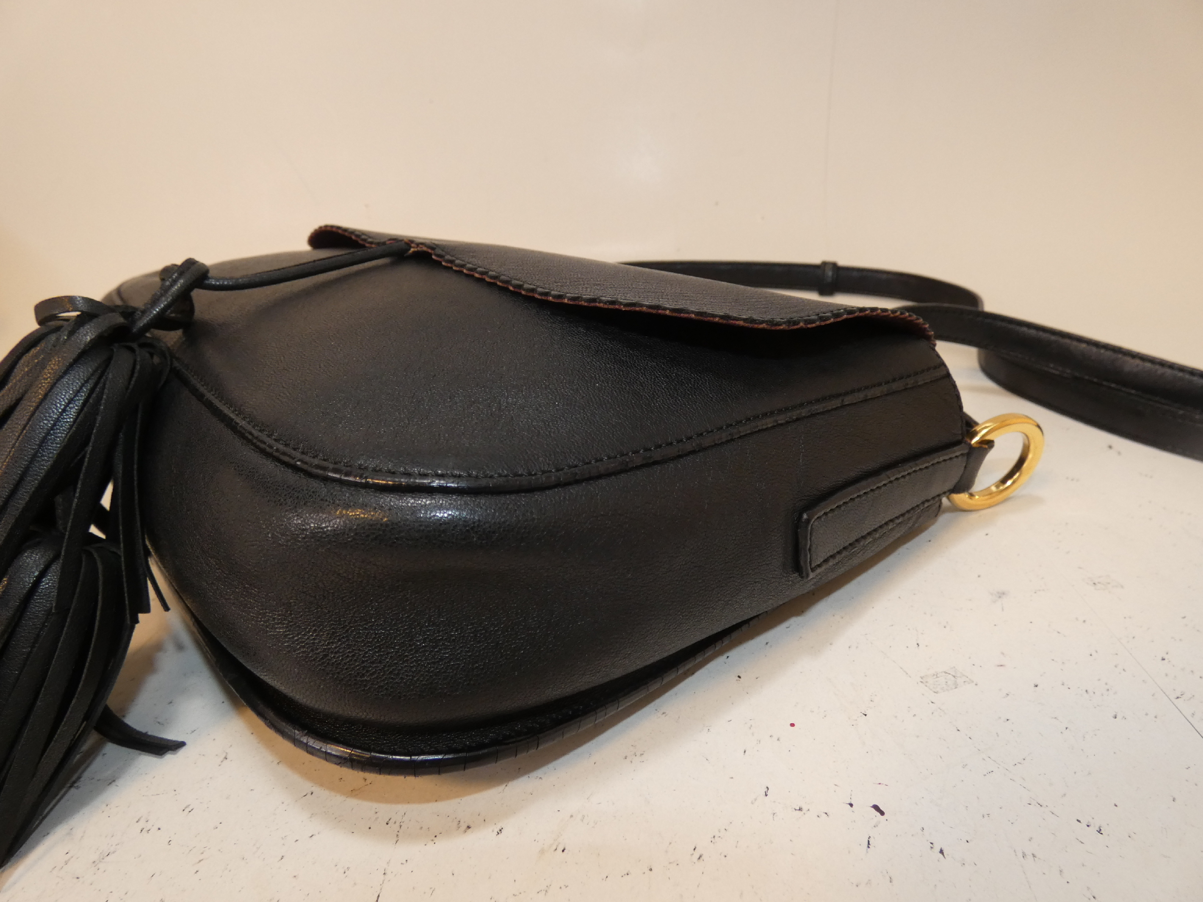 Anagram Fringe Black Leather Shoulder Bag — view 9