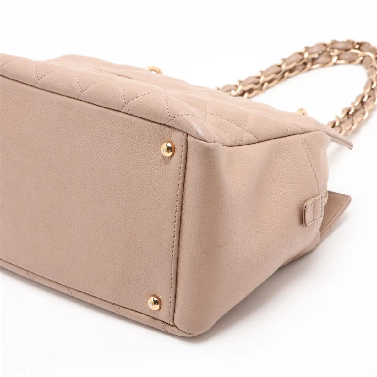 PTT Caviar Skin Chain Shoulder Bag, Beige with Gold Hardware, 7843642, Series 7 — view 3