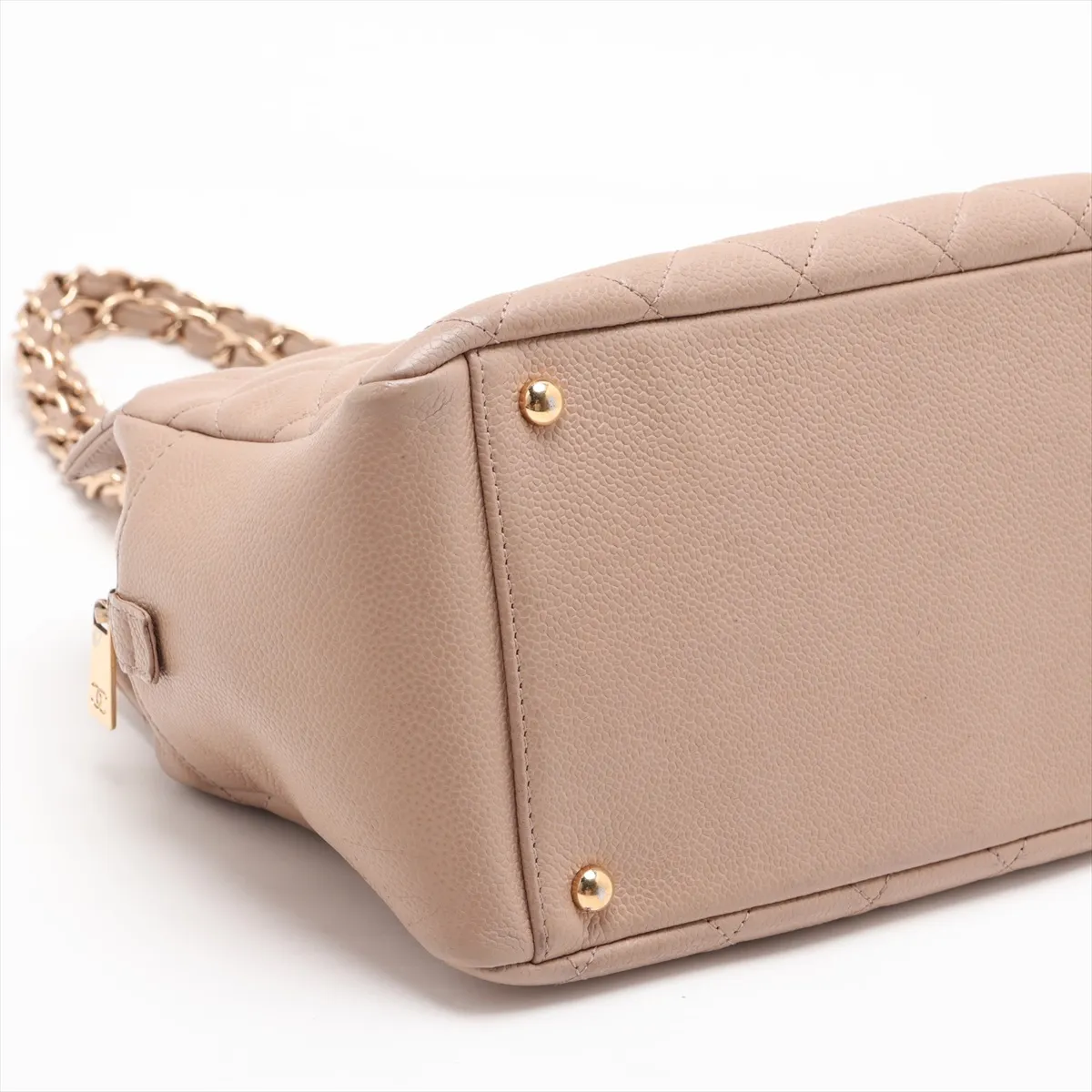 PTT Caviar Skin Chain Shoulder Bag, Beige with Gold Hardware, 7843642, Series 7 — view 4