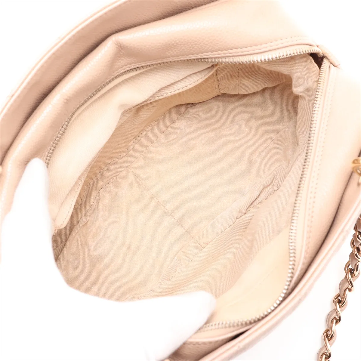 PTT Caviar Skin Chain Shoulder Bag, Beige with Gold Hardware, 7843642, Series 7 — view 7