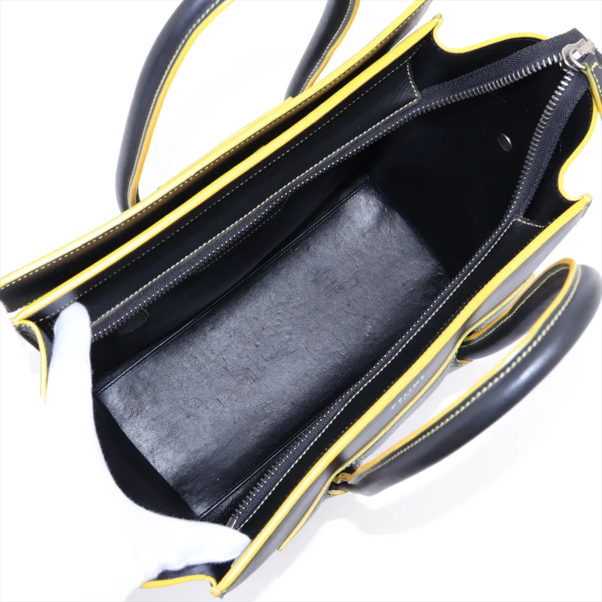 Luggage Micro Shopper Leather Handbag, Black x Yellow — view 7