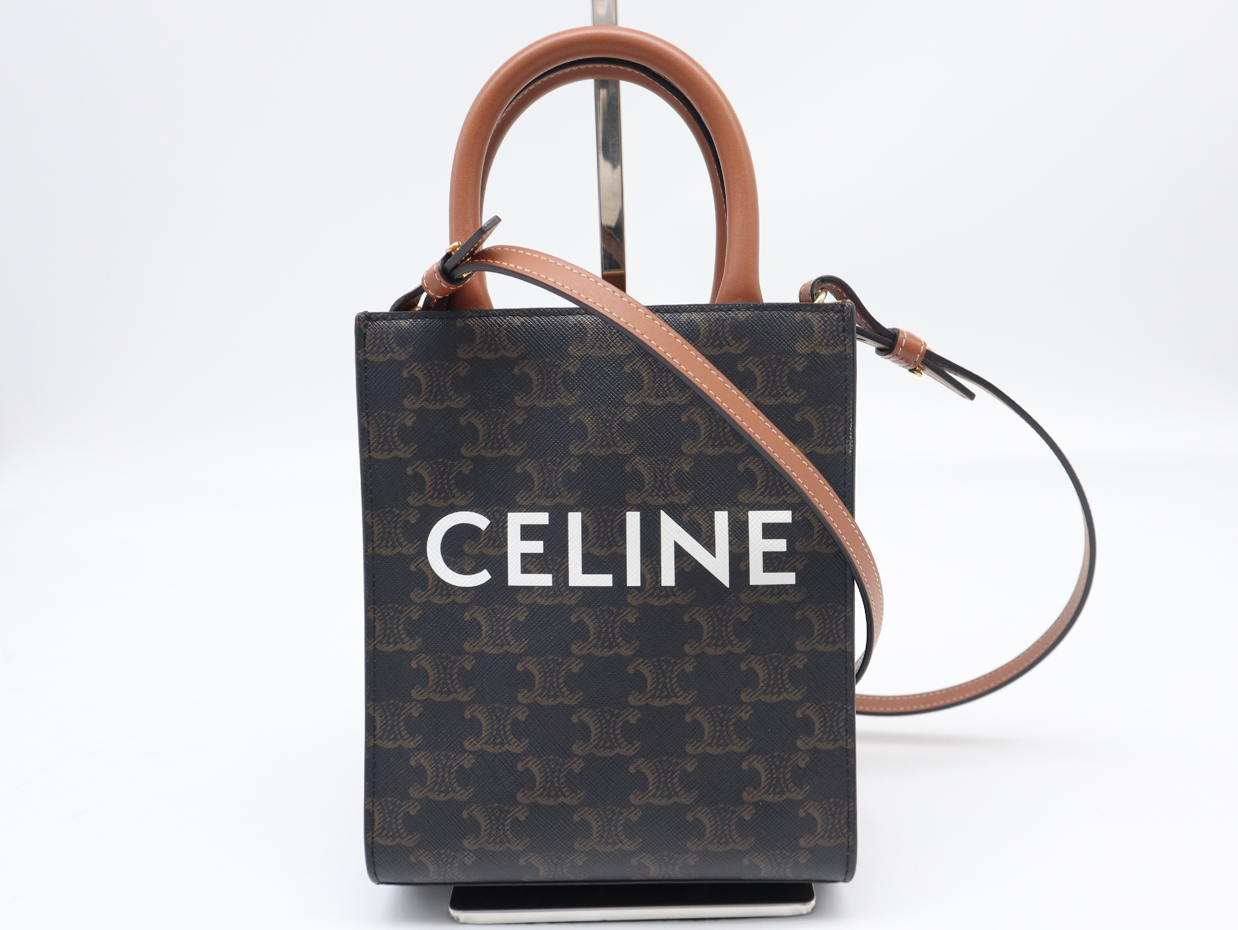 Triomphe Mini Vertical Cabas 2-Way Leather Brown Handbag