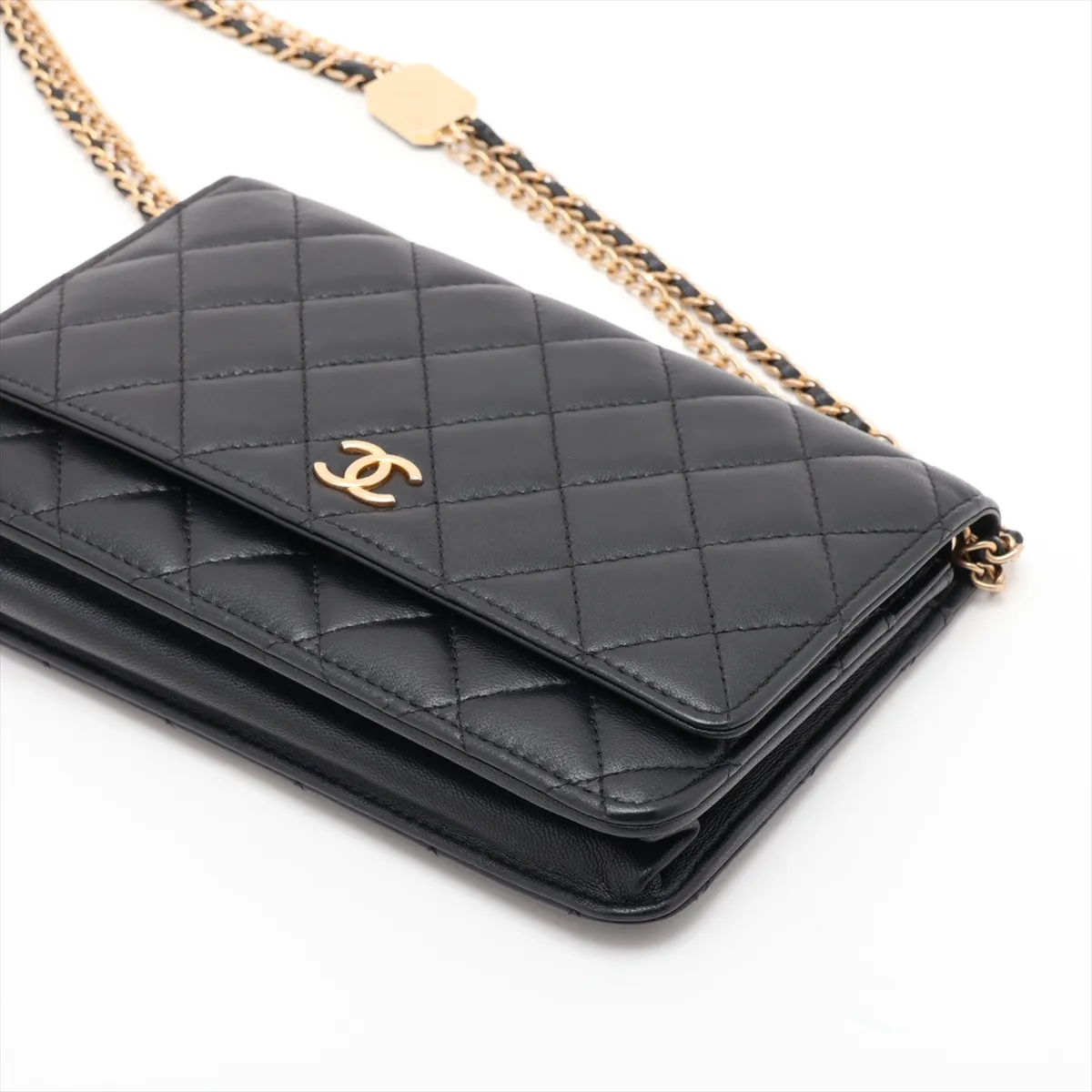 Matelassé Lambskin Chain Wallet, Black with Gold Hardware, J87TGUJ3, Random Plate — view 3
