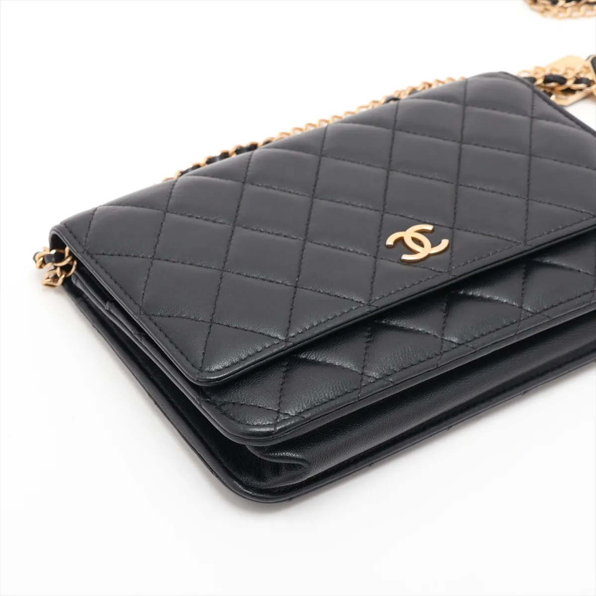 Matelassé Lambskin Chain Wallet, Black with Gold Hardware, J87TGUJ3, Random Plate — view 4