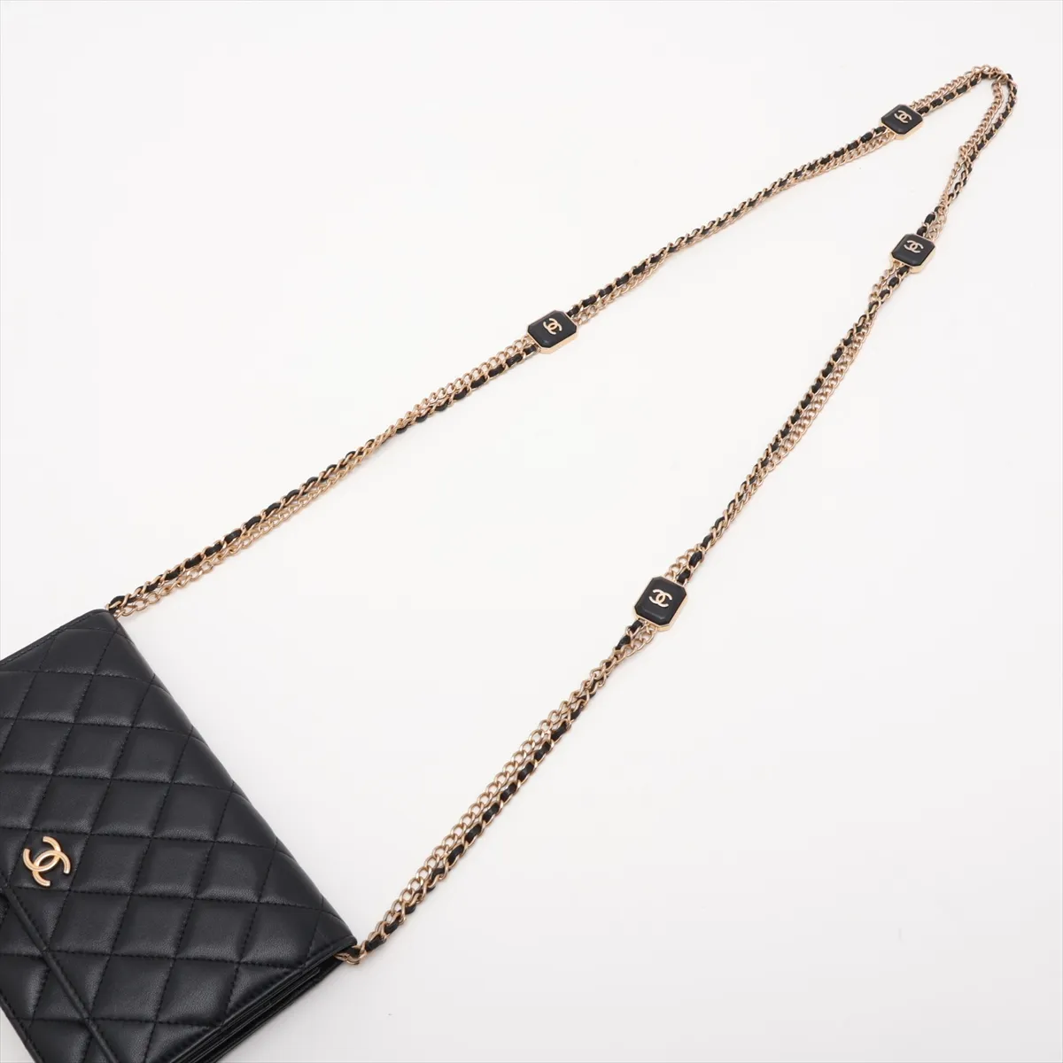 Matelassé Lambskin Chain Wallet, Black with Gold Hardware, J87TGUJ3, Random Plate — view 5