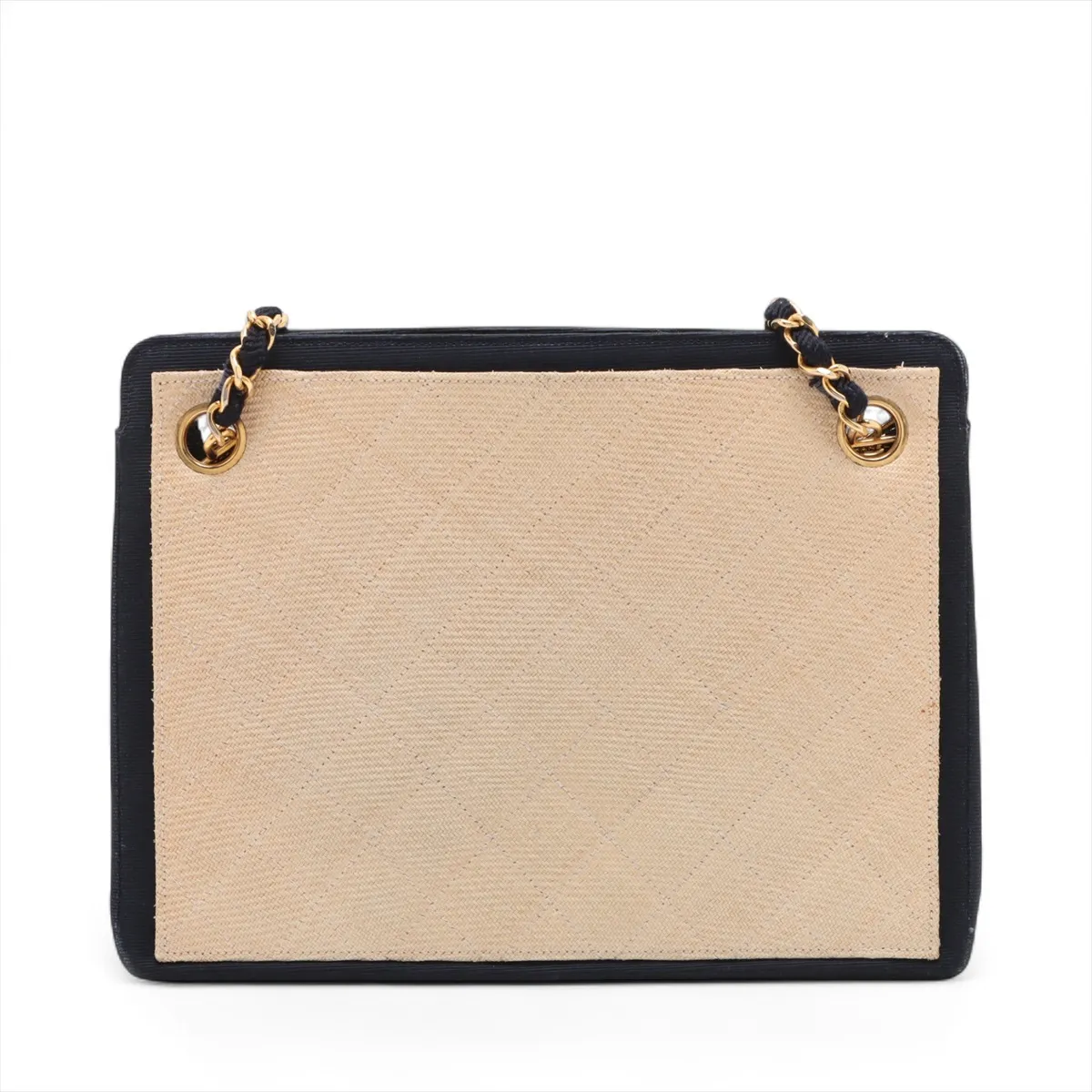 Matelassé Straw x Nylon Chain Tote Bag, Beige x Navy, Gold Hardware — view 2