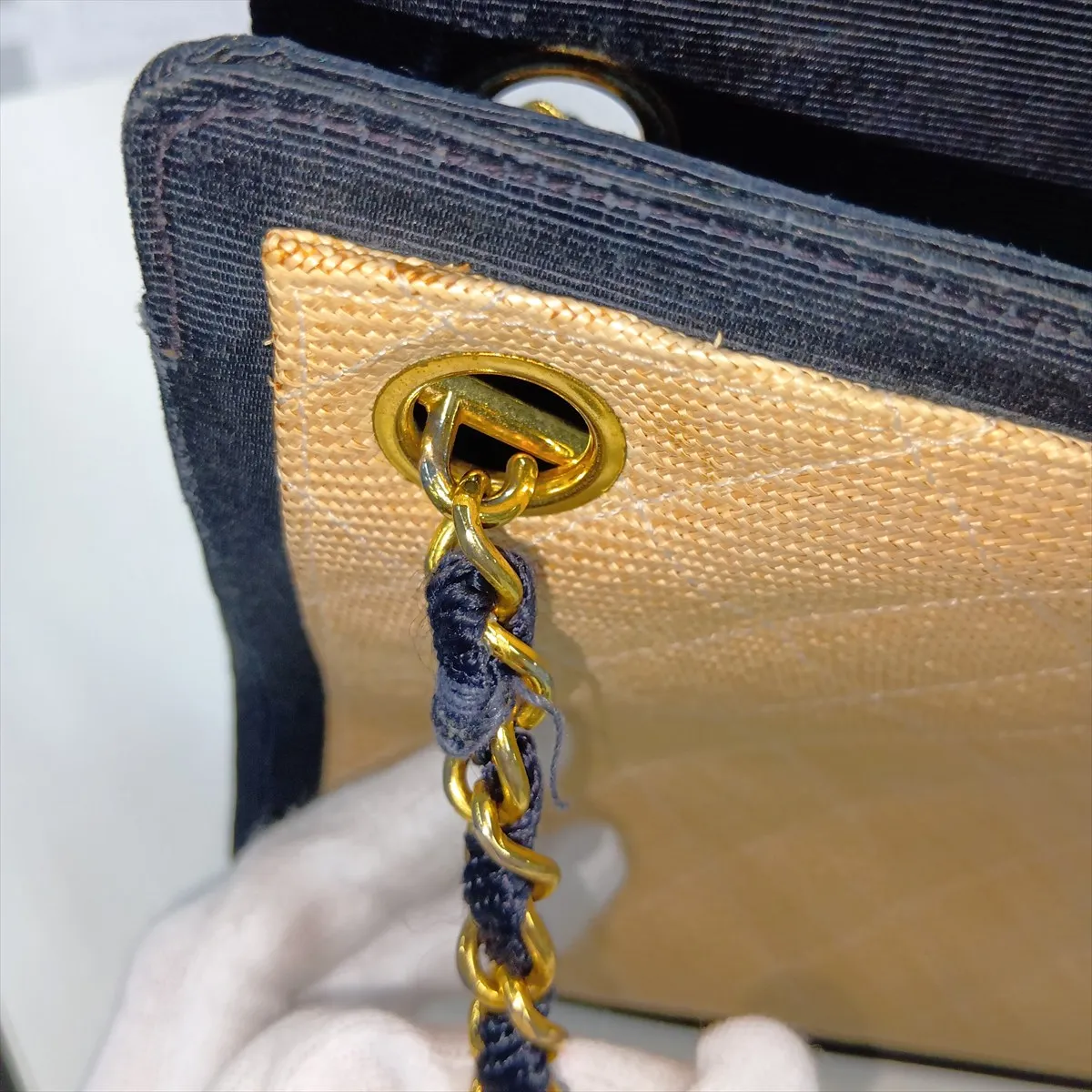 Matelassé Straw x Nylon Chain Tote Bag, Beige x Navy, Gold Hardware — view 14