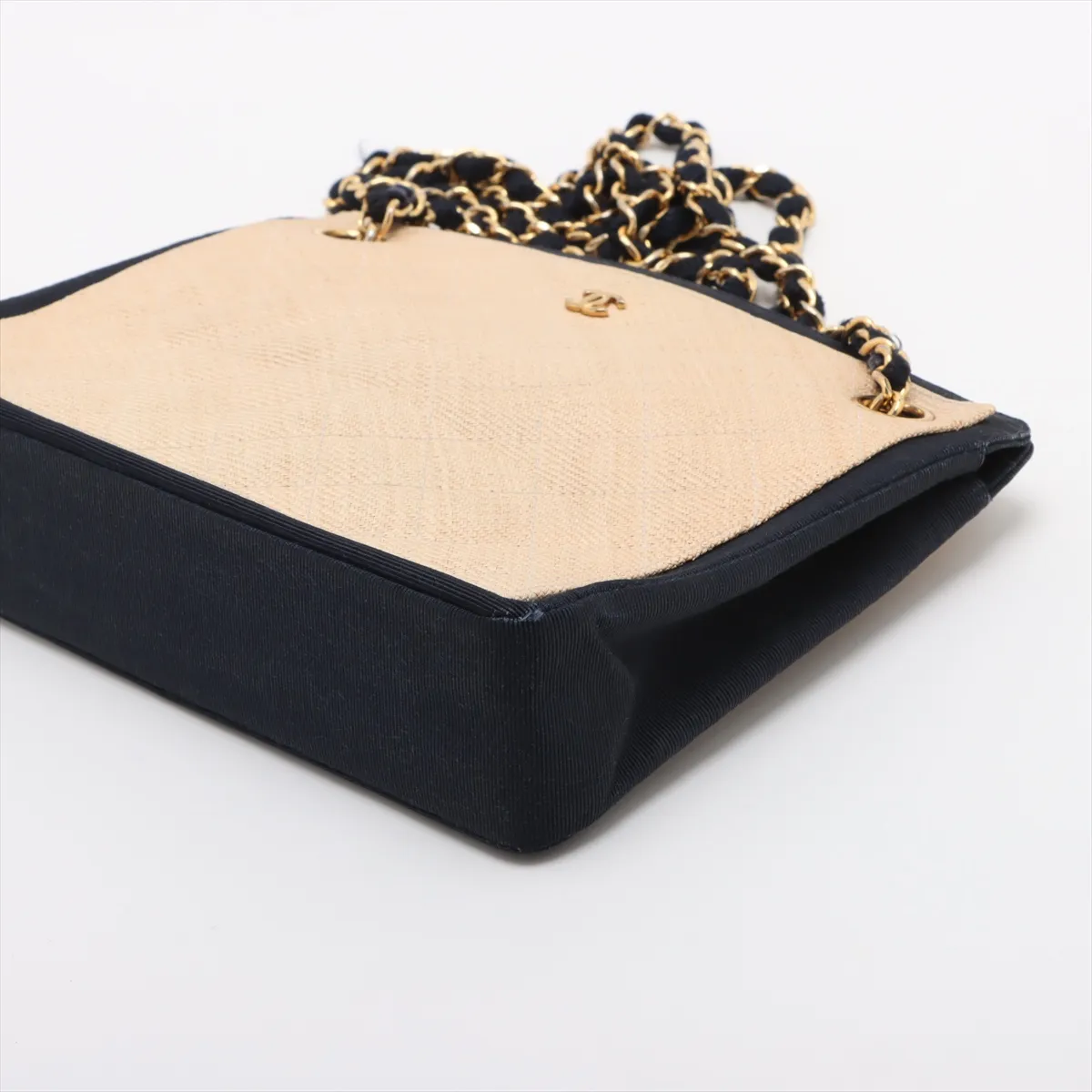 Matelassé Straw x Nylon Chain Tote Bag, Beige x Navy, Gold Hardware — view 3