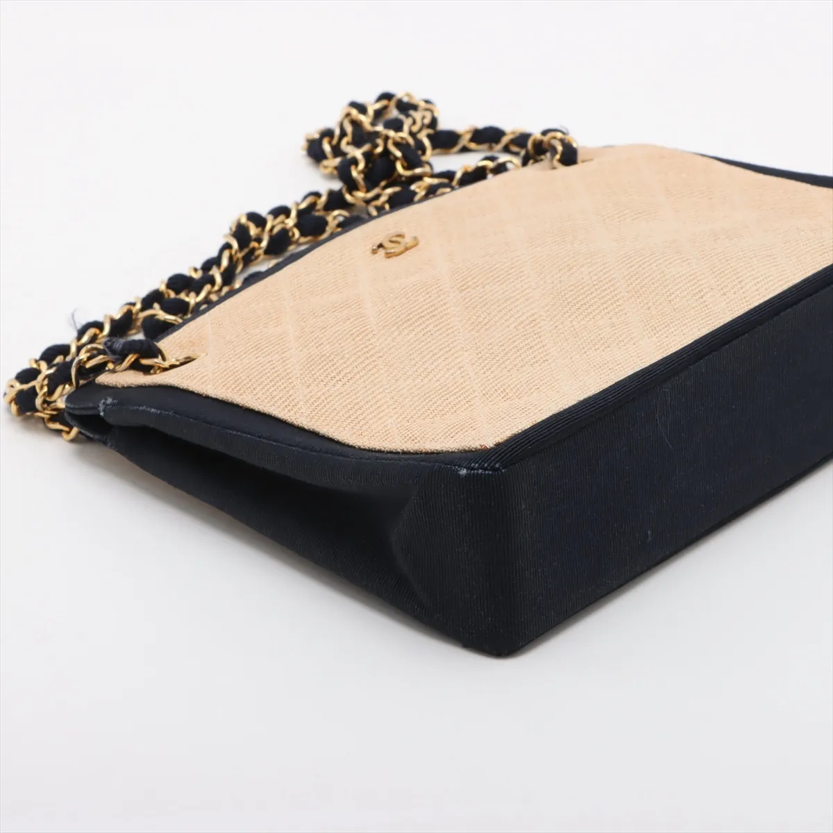 Matelassé Straw x Nylon Chain Tote Bag, Beige x Navy, Gold Hardware — view 4