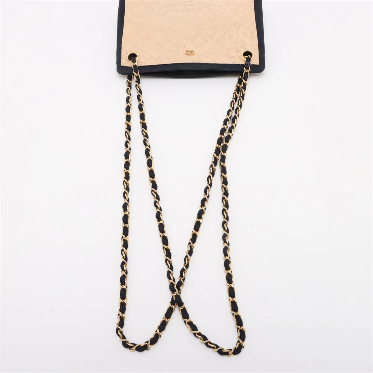 Matelassé Straw x Nylon Chain Tote Bag, Beige x Navy, Gold Hardware — view 5