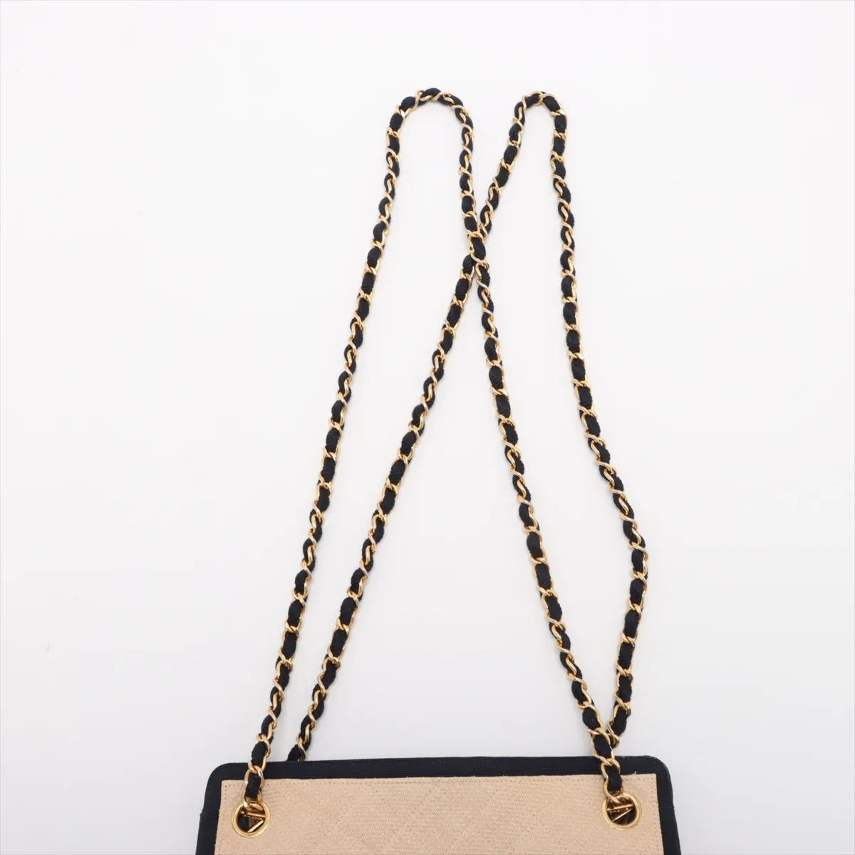 Matelassé Straw x Nylon Chain Tote Bag, Beige x Navy, Gold Hardware — view 6