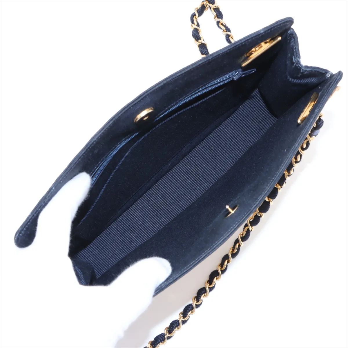 Matelassé Straw x Nylon Chain Tote Bag, Beige x Navy, Gold Hardware — view 7