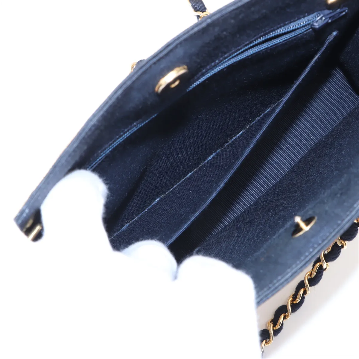 Matelassé Straw x Nylon Chain Tote Bag, Beige x Navy, Gold Hardware — view 9