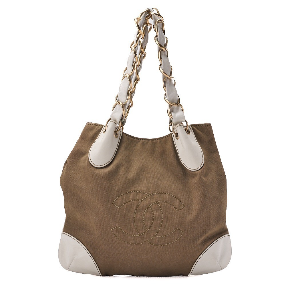 Lambskin x Canvas Coco Mark Chain Tote Bag Brown x White