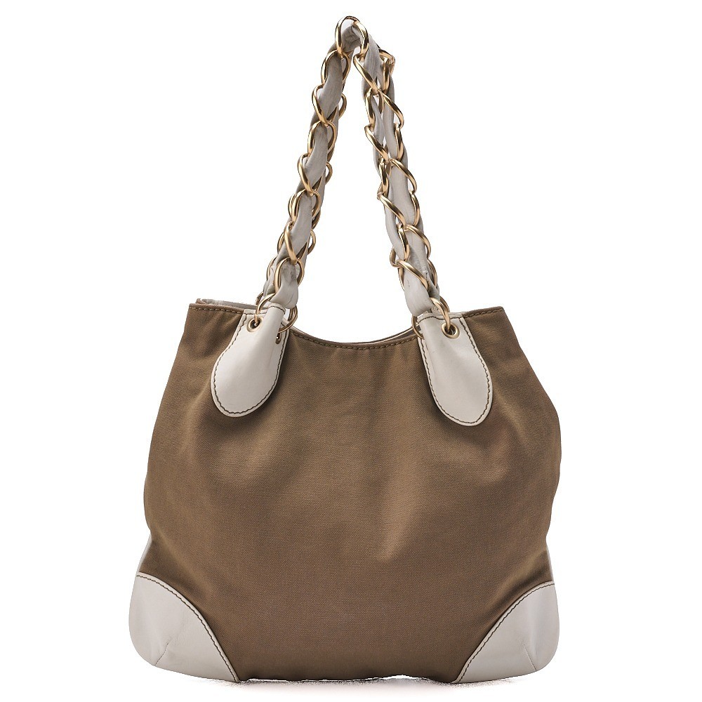 Lambskin x Canvas Coco Mark Chain Tote Bag Brown x White — view 2