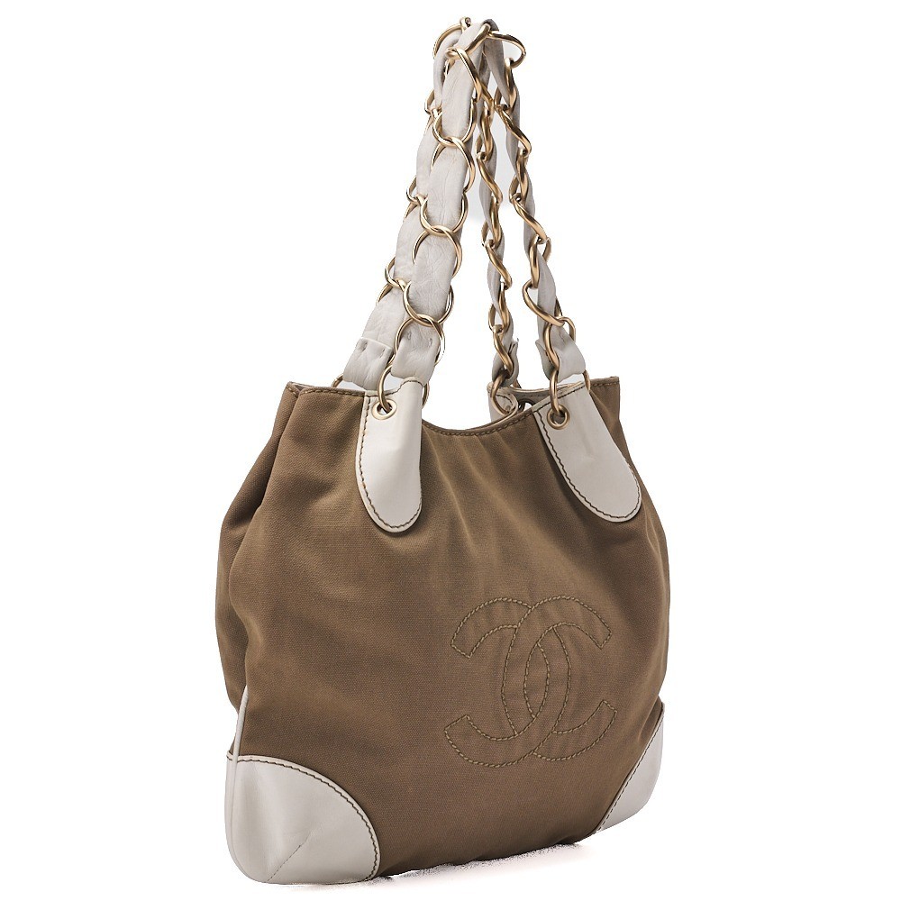 Lambskin x Canvas Coco Mark Chain Tote Bag Brown x White — view 3