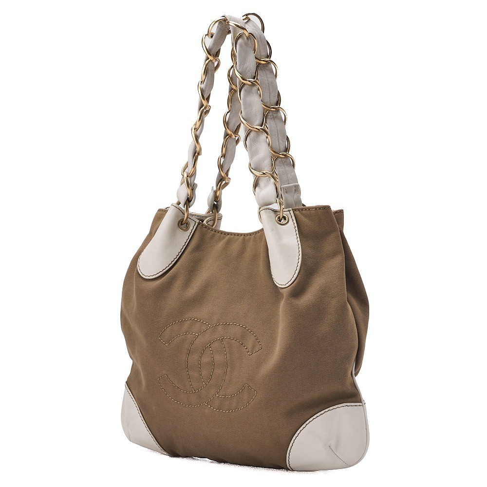 Lambskin x Canvas Coco Mark Chain Tote Bag Brown x White — view 4