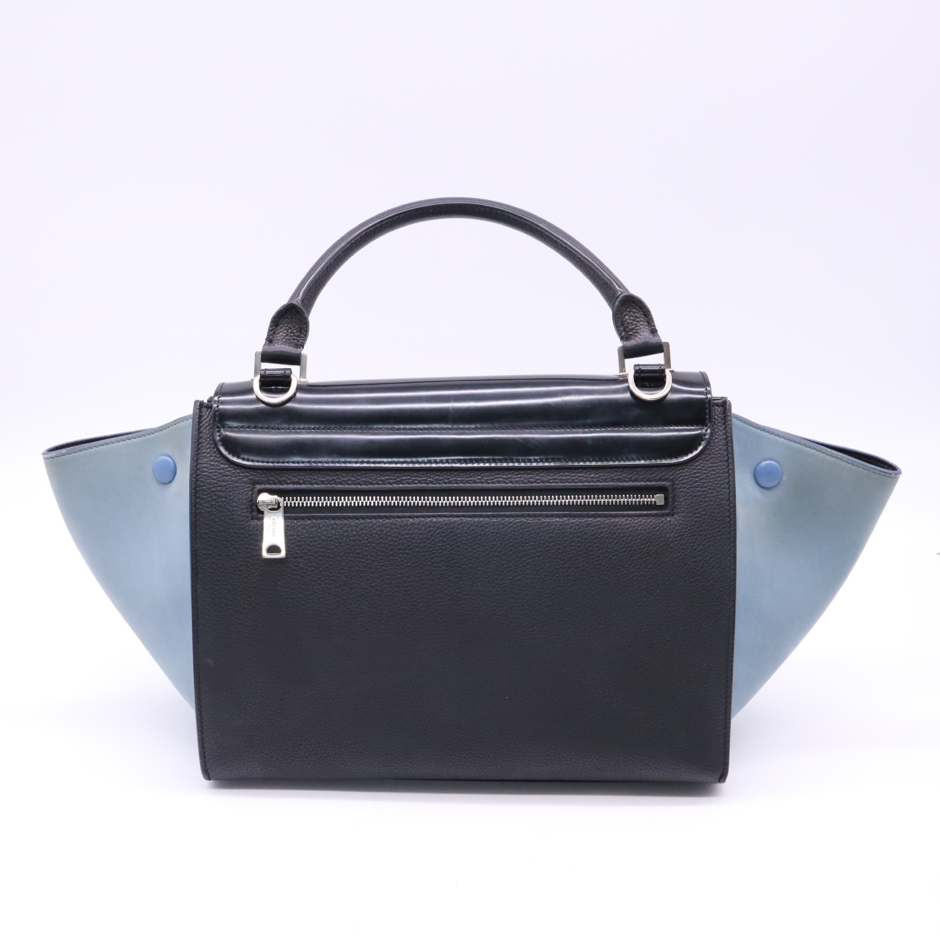 Traveler's Small Handbag, Leather, Black/Blue, with Strap and Dust Bag. — view 2