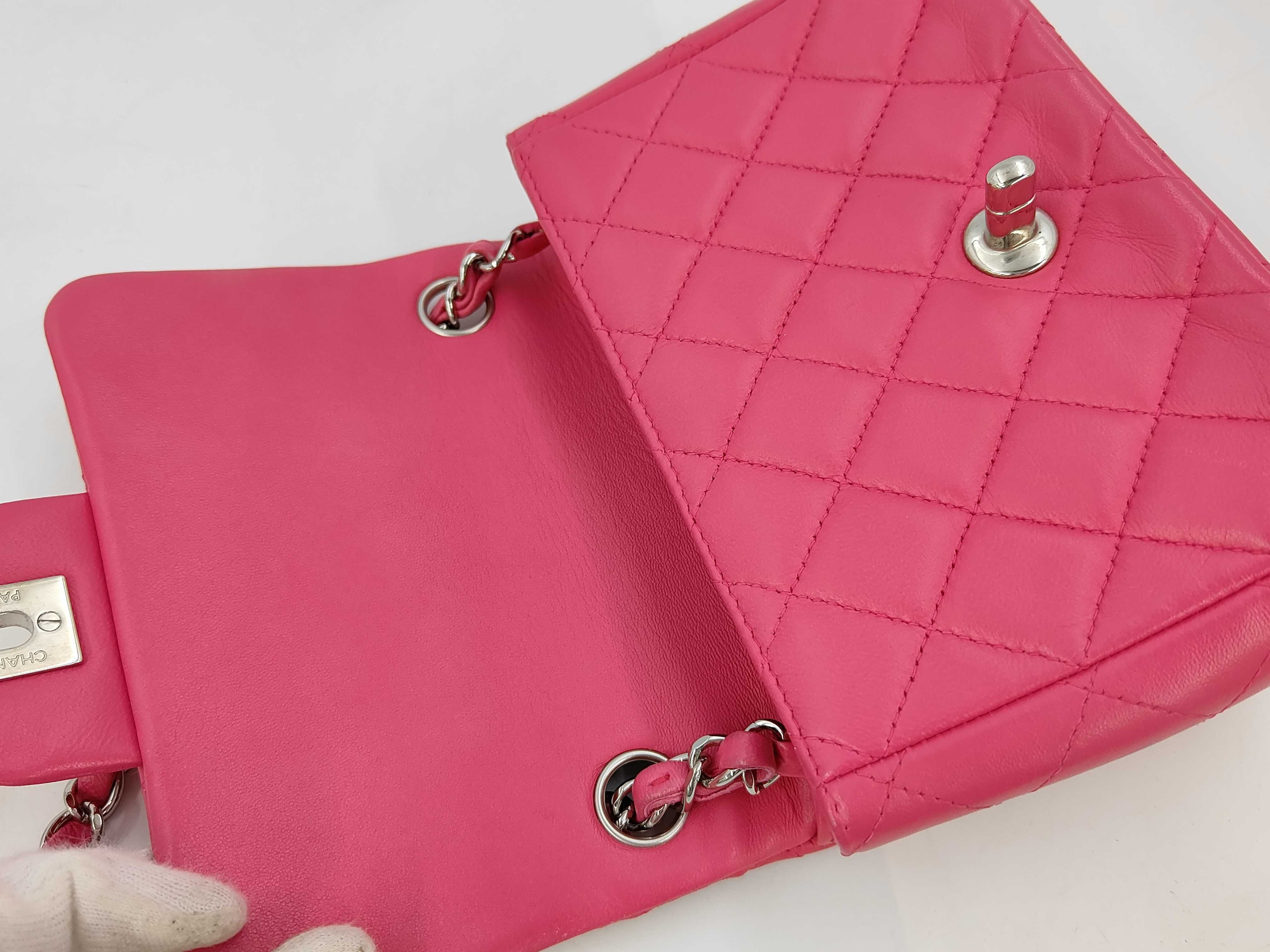 Hot Pink Lambskin CF17 Silver Hardware Single Flap Chain Shoulder Bag (Serial Number 19) — view 6