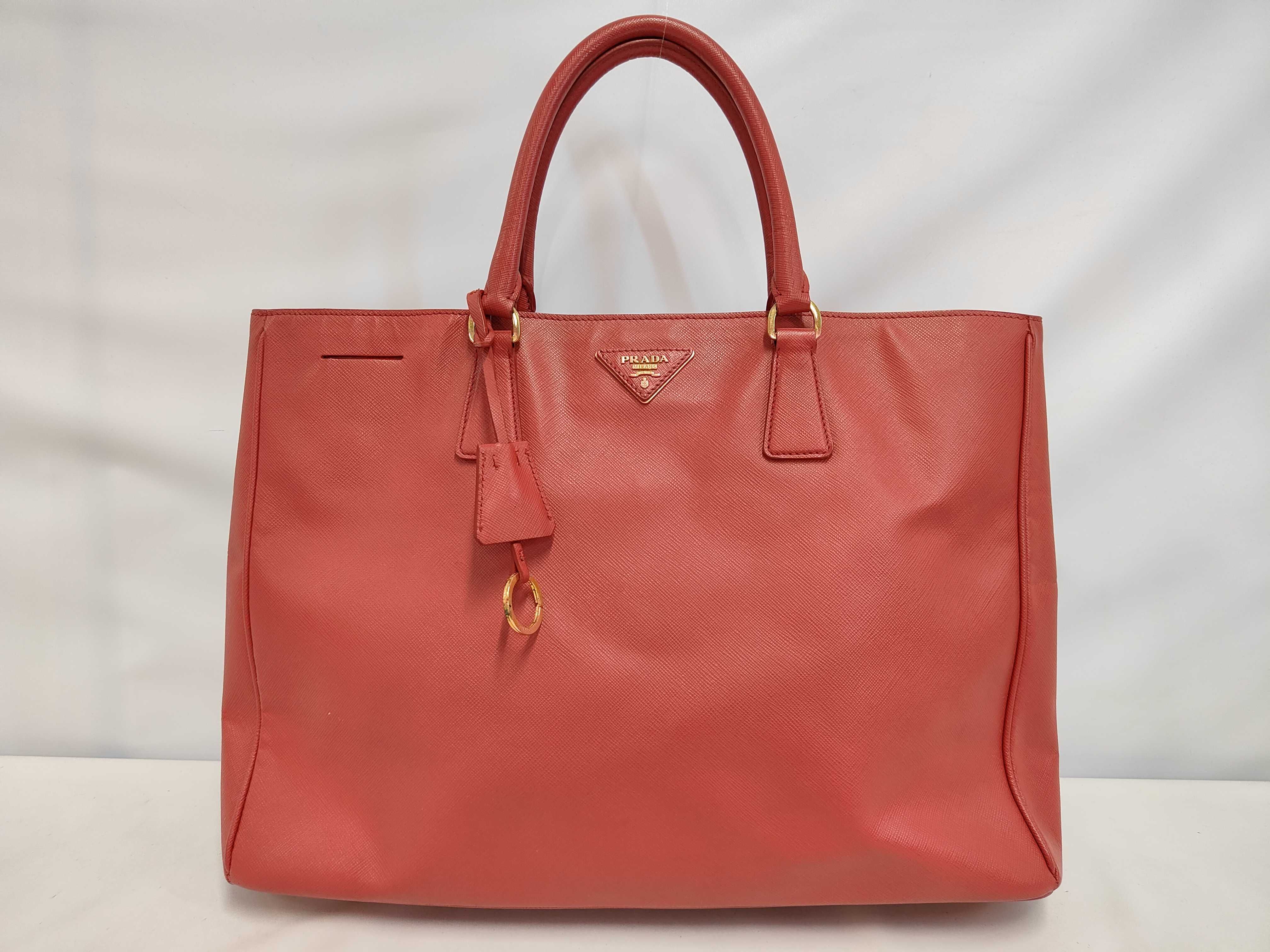 Large Open Tote Bag, Red Saffiano Leather, Gold Hardware.