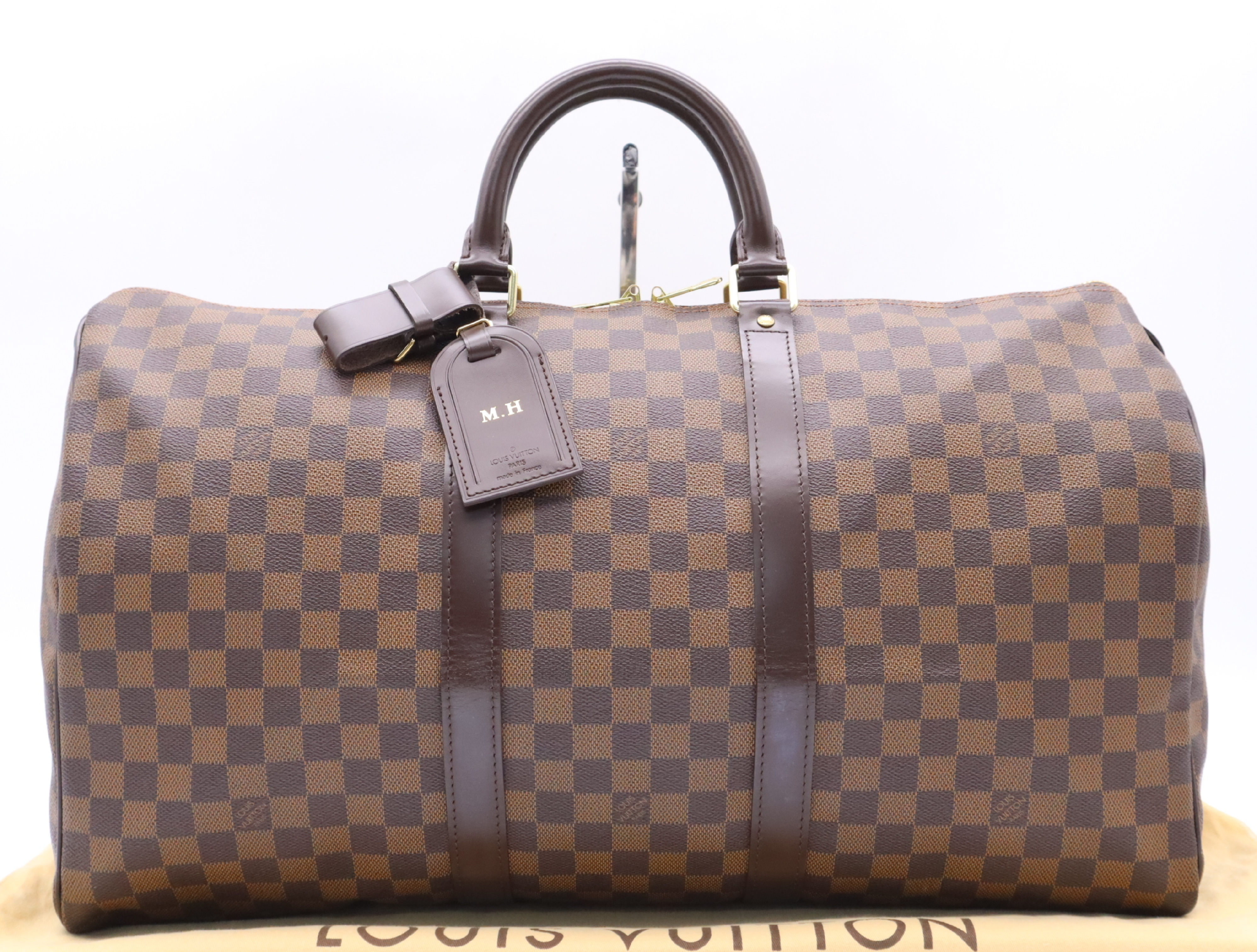N41427 Damier Keepall 50 Boston bag with name tag, handle strap, and dust bag.