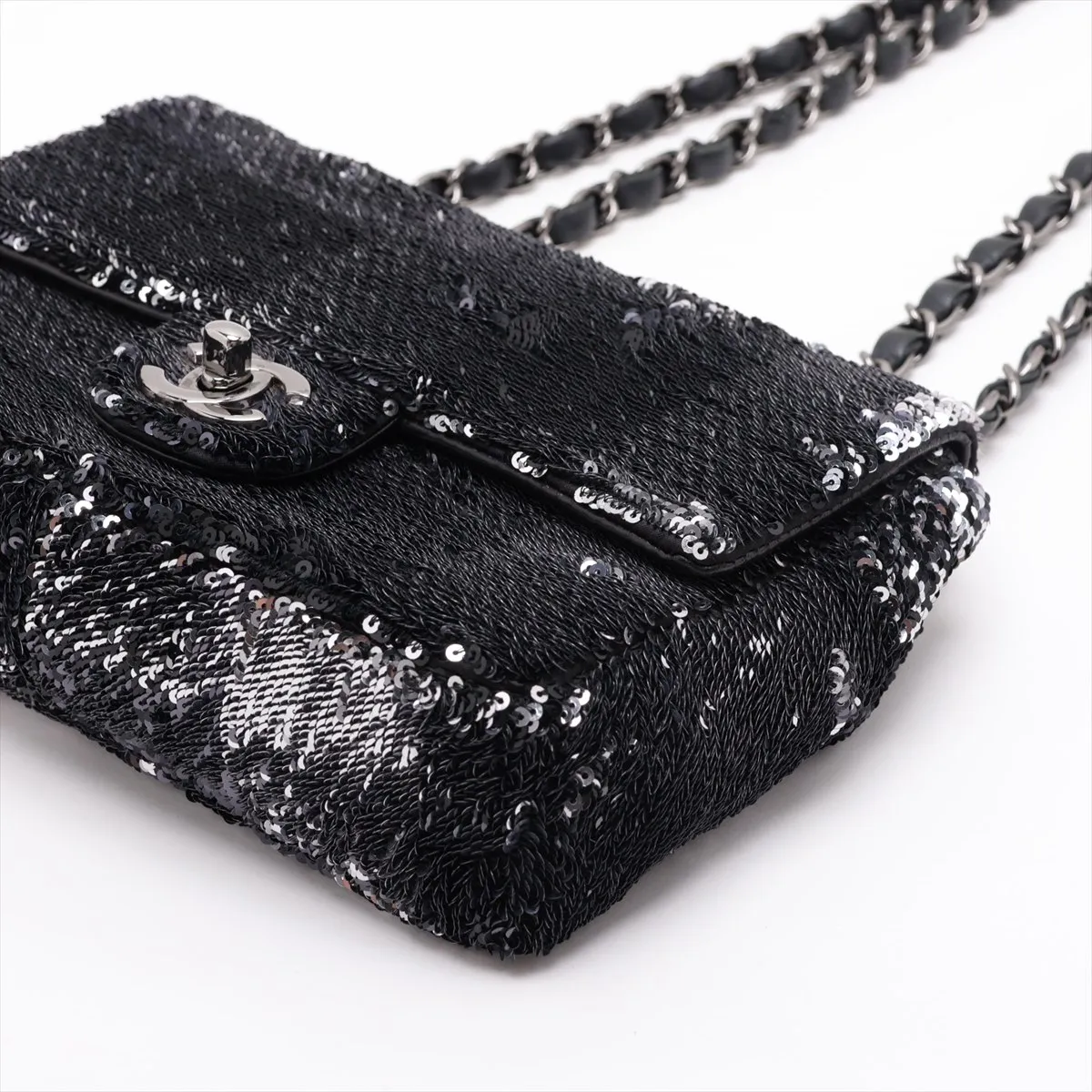 Chocolate Bar Sequin Single Flap Double Chain Bag, Black x Silver, Silver Hardware, Item Number 28299793 (Serial Number 28) — view 3