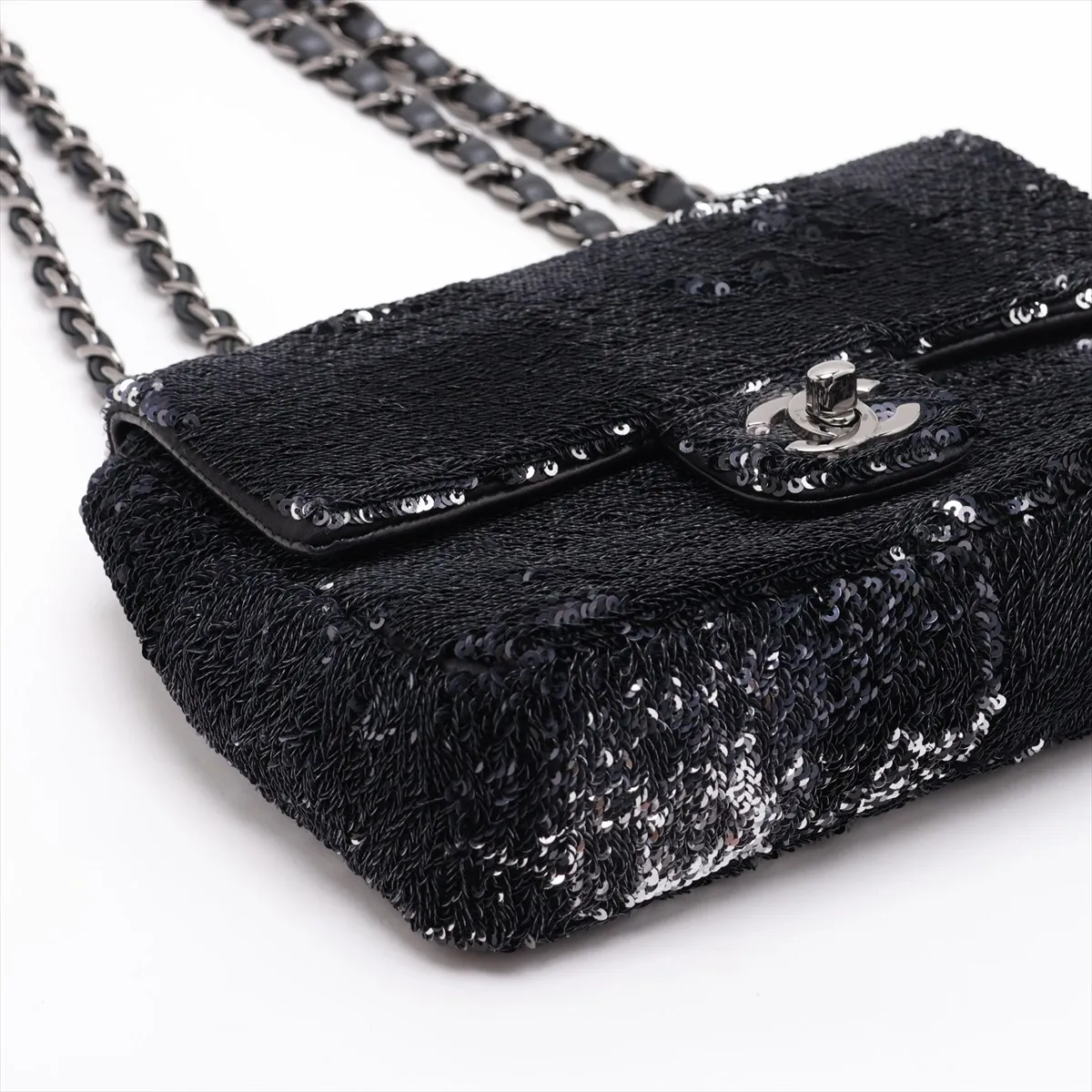 Chocolate Bar Sequin Single Flap Double Chain Bag, Black x Silver, Silver Hardware, Item Number 28299793 (Serial Number 28) — view 4