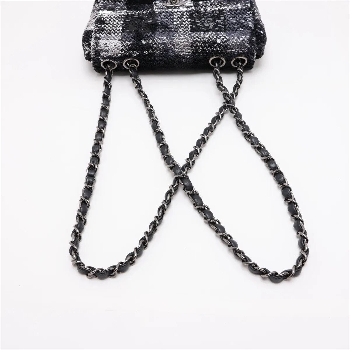 Chocolate Bar Sequin Single Flap Double Chain Bag, Black x Silver, Silver Hardware, Item Number 28299793 (Serial Number 28) — view 5