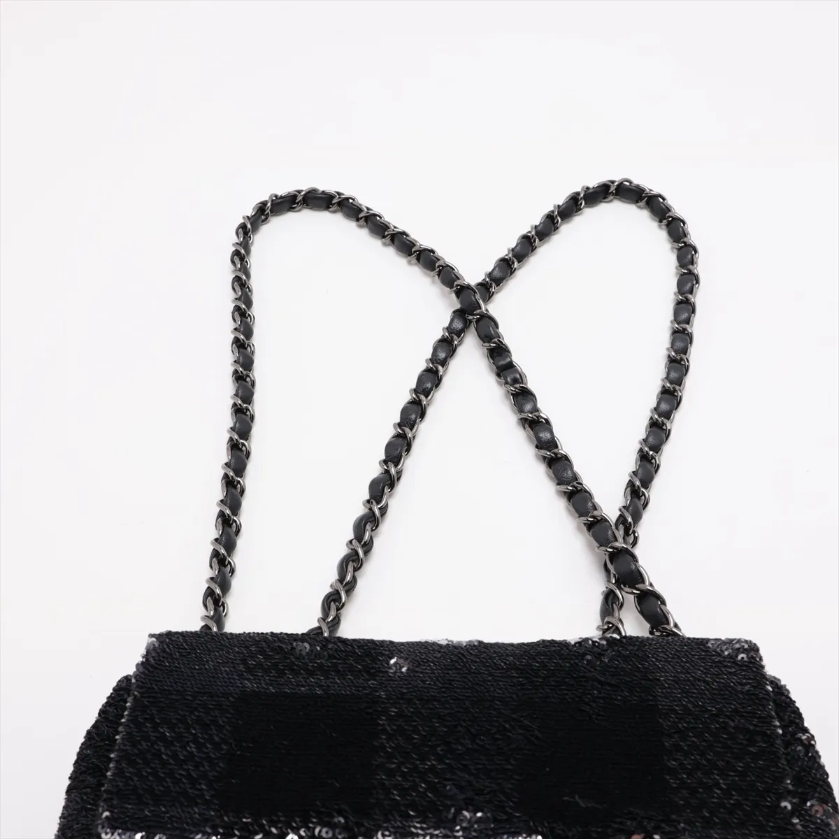 Chocolate Bar Sequin Single Flap Double Chain Bag, Black x Silver, Silver Hardware, Item Number 28299793 (Serial Number 28) — view 6