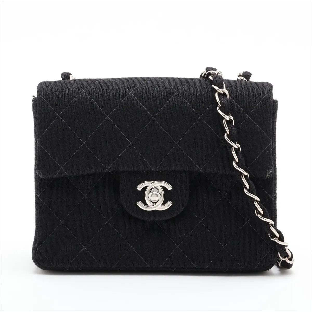 Mini Matelassé 17 Cotton Single Flap Single Chain Bag, Black with Silver Hardware, 6145445, Series 6, A01115