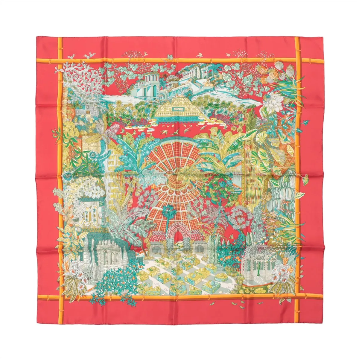 Carre 90 JARDINS d'Hiver (Winter Garden) Scarf, Silk, Red, Shows signs of wear,