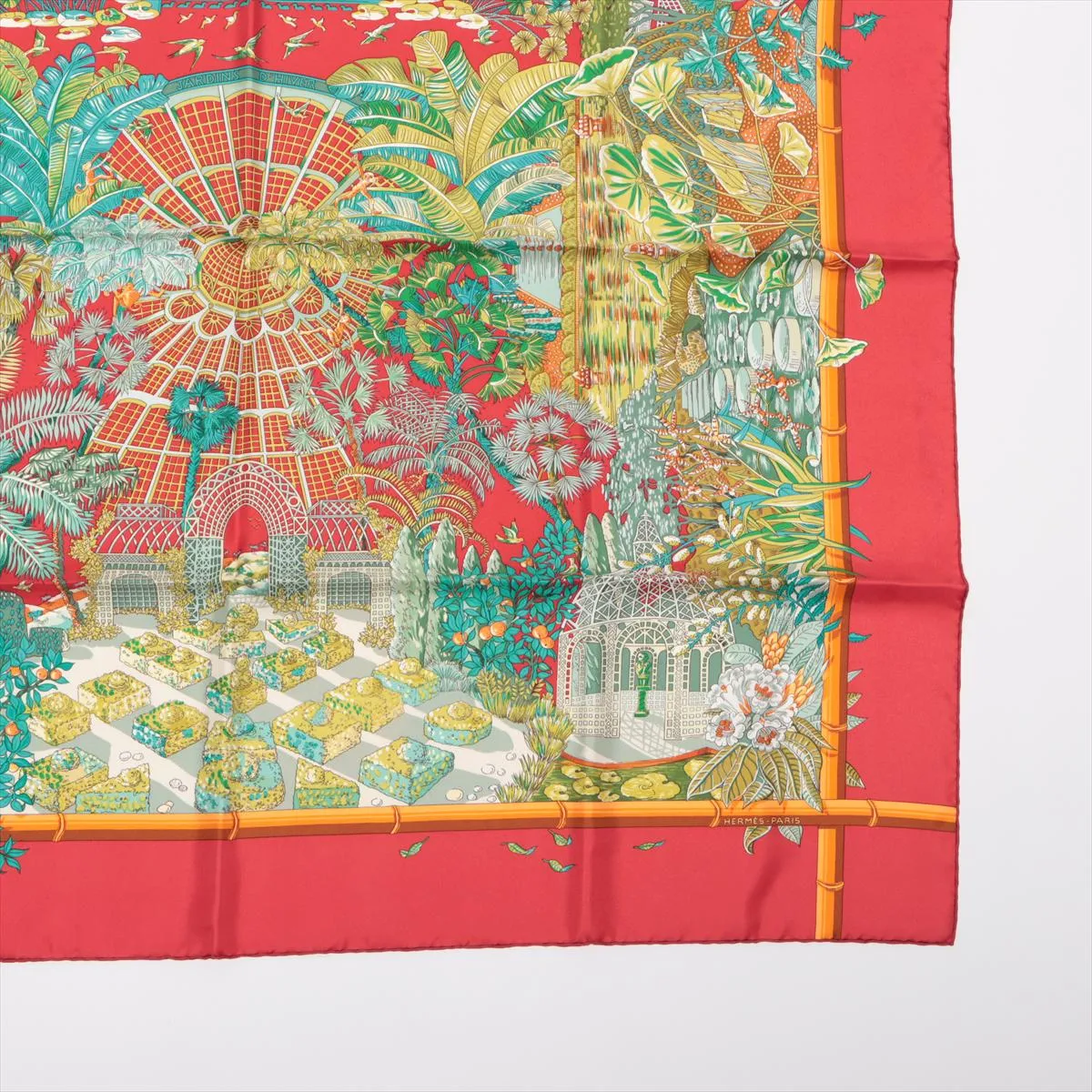 Carre 90 JARDINS d'Hiver (Winter Garden) Scarf, Silk, Red, Shows signs of wear, — view 4