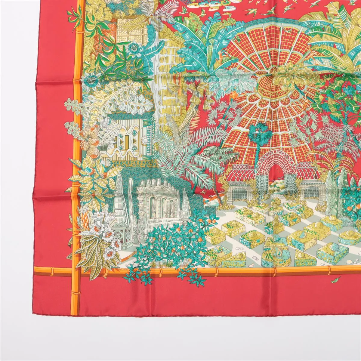 Carre 90 JARDINS d'Hiver (Winter Garden) Scarf, Silk, Red, Shows signs of wear, — view 5