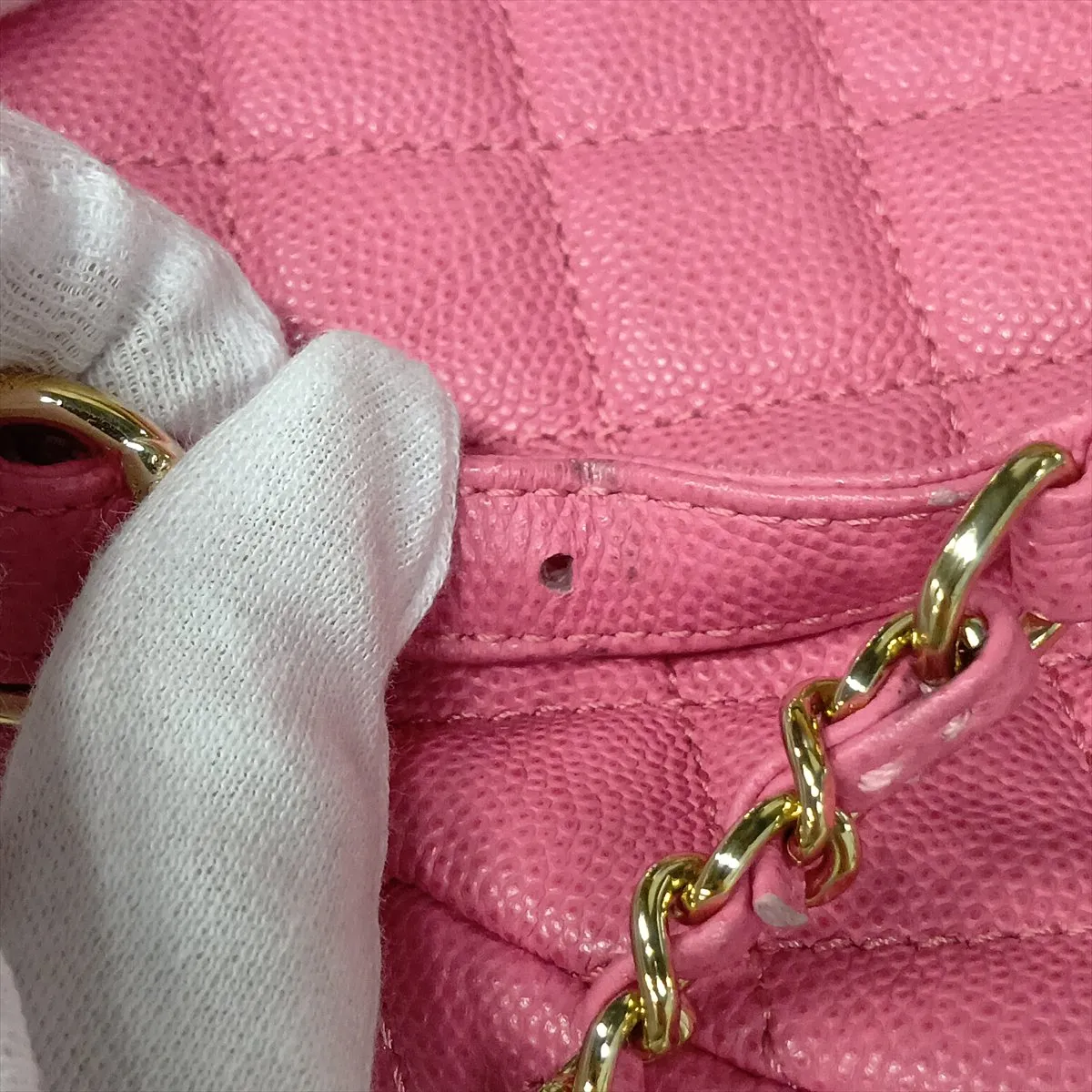 Matelassé Caviar Skin Chain Backpack, Pink with Gold Hardware, 26925387, Serial Number 26 — view 15