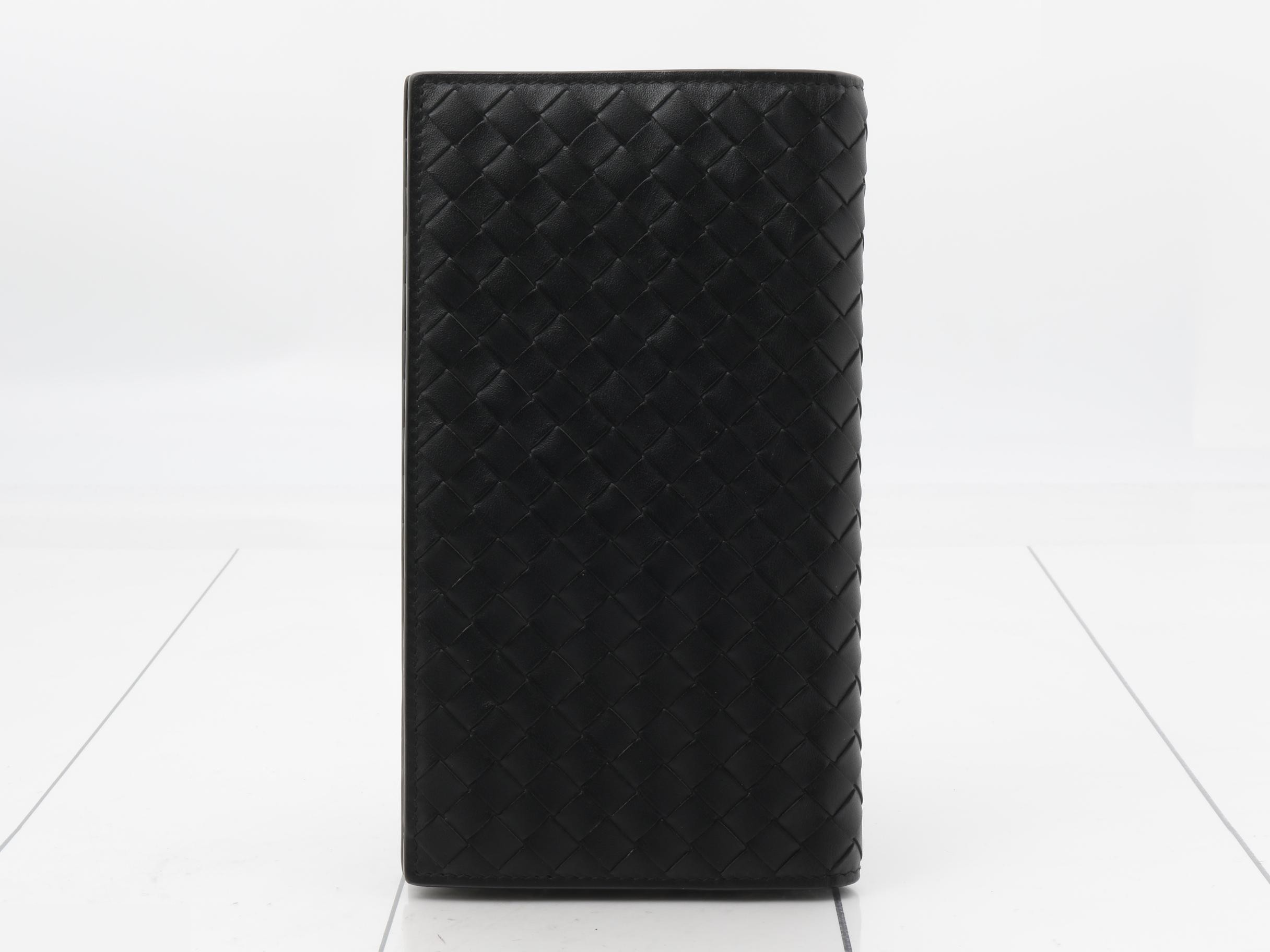Intrecciato Leather Bi-fold Long Wallet, Black — view 2