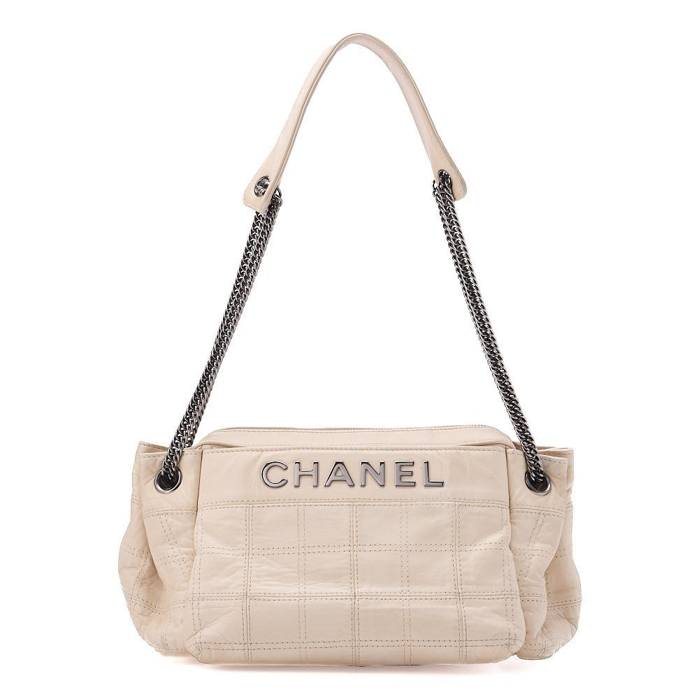 Calfskin Chocolate Bar Logo Chain Shoulder Bag, Ivory