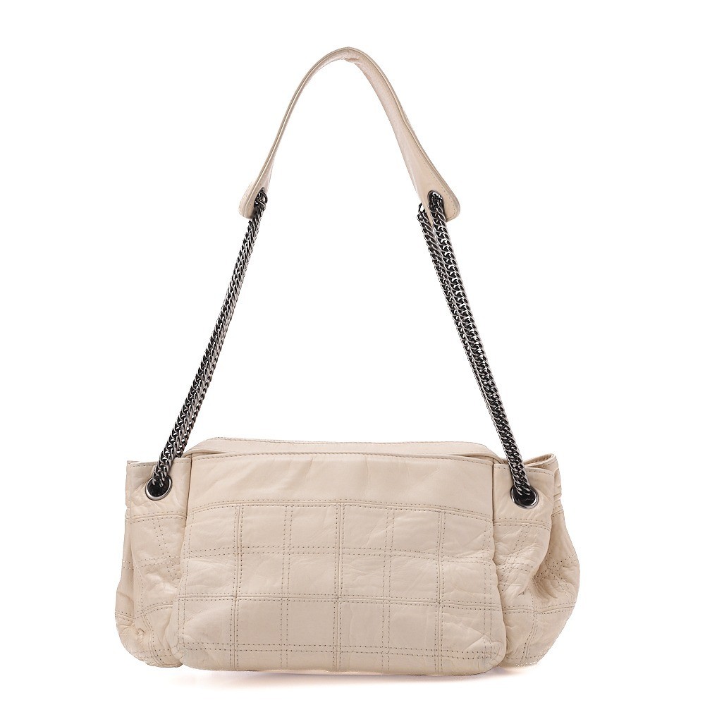 Calfskin Chocolate Bar Logo Chain Shoulder Bag, Ivory — view 2