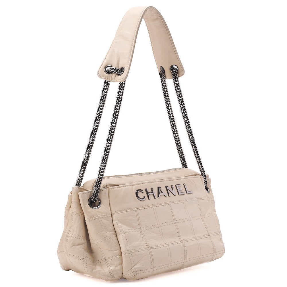 Calfskin Chocolate Bar Logo Chain Shoulder Bag, Ivory — view 3